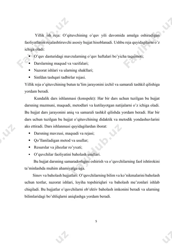 i oshirish va ularni yuritishni soddalashtirish imkonini bermoqda. elektron platformalar orqali dars rejalari va jurnallarni yuritish, test va nazorat ishlari natijalarini avtomatlashtirish nafaqat vaqtni tejash, balki ta’lim samaradorligini ham oshirishga yordam beradi. shunday qilib, o’qituvchi faoliyati hujjatlari ta’lim jarayonining uzviy qismi bo’lib, ular o’qituvchining kasbiy mahorati va ta’lim sifatini aniqlovchi muhim mezonlardan biri hisoblanadi. 1.2 dars rejalari dars rejalari o’qituvchining ta’lim jarayonini samarali tashkil etish uchun tuziladigan asosiy hujjatlardan biri hisoblanadi. dars rejasi o’quvchilarning bilim olish jarayonini rejalashtirishga, o’qituvchi tomonidan qo’yilgan maqsadlarga erishishga va ta’lim jarayonini tizimli amalga oshirishga xizmat qiladi. dars rejalari o’quvchilar bilimini chuqurlashtirish va ularda mustaqil fikrlash ko’nikmalarini shakllantirish uchun muhim ahamiyatga ega. dars rejasi o’qituvchiga quyidagi maqsadlarga erishishda yordam beradi: · dars jarayonini aniqlik va izchillik bilan tashkil etish; · o’quvchilarning bilim, ko’nikma va malakalarini samarali rivojlantirishga sharoit yaratish; · har bir mavzuni davlat ta’lim standartlari talablariga mos holda yoritish; · darsning maqsadi, mazmuni va natijalarini …