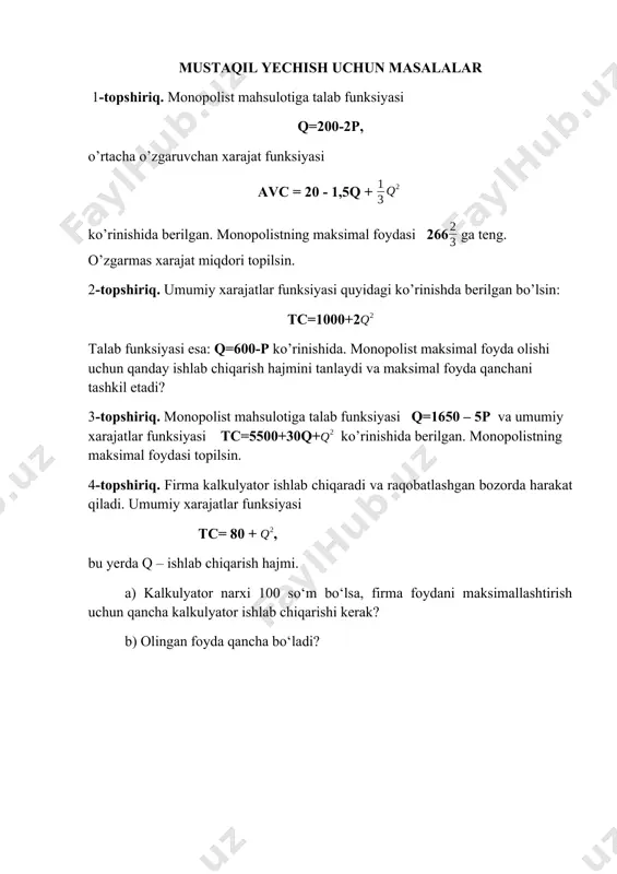 ajatlar funksiyasi tc=5500+30q+ ko’rinishida berilgan. monopolistning maksimal foydasi topilsin. 4-topshiriq. firma kalkulyator ishlab chiqaradi va raqobatlashgan bozorda harakat qiladi. umumiy xarajatlar funksiyasi tc= 80 + , bu yerda q – ishlab chiqarish hajmi. a) kalkulyator narxi 100 so‘m bo‘lsa, firma foydani maksimallashtirish uchun qancha kalkulyator ishlab chiqarishi kerak? b) olingan foyda qancha bo‘ladi?