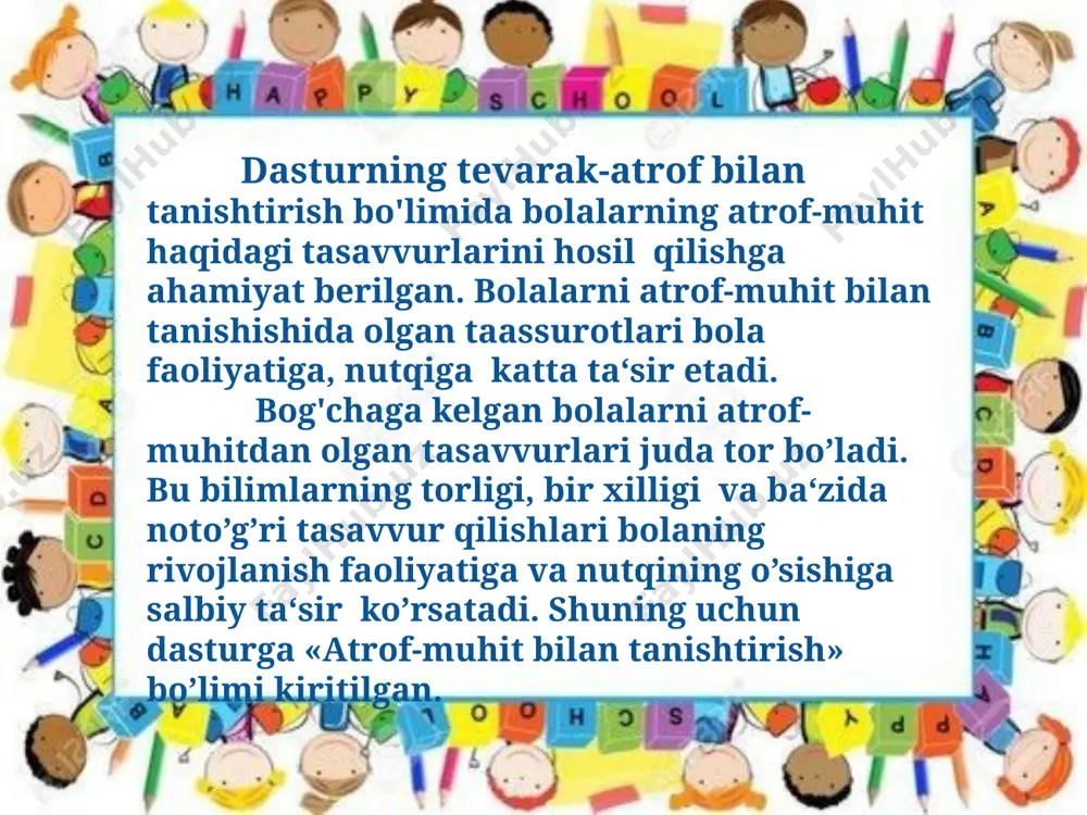 atishlardan foydalaniladi. mehnat va o’yinlarda bolalar egallagan bilimlarini amalda qo’llaydilar. barcha guruhlarda mashg’ulotlarga qo'shimcha sifatida maqsadli sayrlar o’tkaziladi. ekskursiya bolalarni tabiat bilan tanishtiruvchi mashg'ulotlar turidan biridir. ekskursiyalar vaqtida bola tabiat hodisalarini, mavsumiy o'zgarishlarni tabiiy sharoitda kuzatishi, insonning hayot talablariga muvofiq tabiatni qanday o'zgartirayotganini va tabiat kishilarga qanday xizmat qilayotganini ko’rish mumkin. uchinchi reja e’tiboringiz uchun rahmat image2.png image3.png image4.png image5.jpeg image6.png image7.jpeg image8.jpeg image9.jpeg image10.jpeg image11.jpeg image12.jpeg image13.jpeg image14.png image15.jpeg image16.jpeg image17.png image18.jpeg image19.jpeg image20.jpeg image21.jpeg image22.jpeg image23.png image24.jpeg image25.jpeg image26.jpeg image27.jpeg image28.jpeg image29.jpeg image30.jpeg image31.jpeg image32.jpeg image33.jpeg image34.jpeg image35.jpeg image36.jpeg image37.png