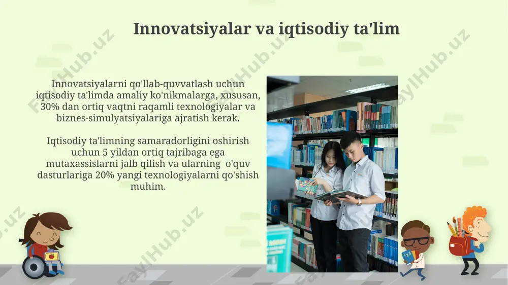 oq xo'jaligi sektori uchun moslashgan iqtisodiy ta'lim muhim ahamiyat kasb etadi. zamonaviy iqtisodiy o'sish nazariyalari, masalan, endogen o'sish nazariyasi, markaziy osiyo davlatlarining cheklangan resurslari va 1990-yillardagi o'tish davri muammolarini hisobga olgan holda qayta ko'rib chiqilishi kerak. iqtisodiy ta'limning sifati va standartlari so'nggi 10 yil ichida iqtisodiyot fanidan o'quv qo'llanmalar soni 2 baravar oshgan bo'lsa-da, ularning 75%i zamonaviy iqtisodiy nazariyalar va global iqtisodiy jarayonlarni yetarlicha aks ettirmaydi. iqtisodiy ta'limning sifati, xususan, 5 yildan ortiq tajribaga ega mutaxassislar tomonidan baholangan ta'lim dasturlarining atigi 30%i davlat standartlariga to'liq javob beradi. e'tiboringiz uchun rahmat @taqdimot_robot image6.jpg image7.jpg image8.jpg image9.jpg image10.jpg image11.jpg image12.jpg image13.jpg image14.jpg image15.jpg image1.png