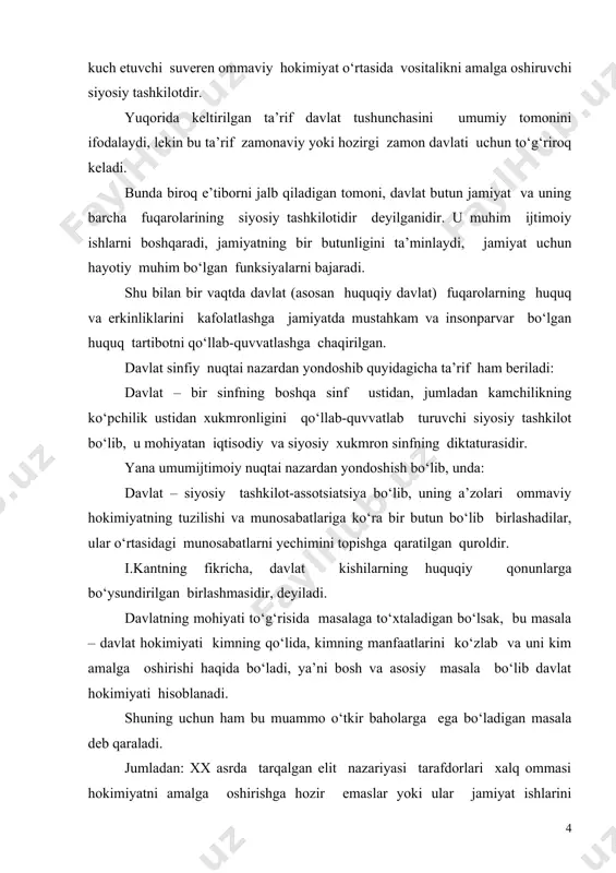 miyatning birinchi manbai va tashuvchisi xalqdir, tabiatan va mohiyatan davlat hokimiyati tubdan xalqchil bo‘lib, xalqning manfaatlarini ko‘zlagan xolda va uning nazorati ostida amalga oshirilishi zarur, deyiladi. marksistik nazariya esa ta’kidlaydiki, siyosiy hokimiyat iqtisodiy hihatdan xukmron sinfga qarashli bo‘lib, uning manfaatlarini himoya qilishga qaratilgan. davlat mohiyatini ochishdagi sinfiy yondoshuv - jamiyatshunoslik fanining katta yutug‘idir. lekin bu yondashuvdan gap-so‘zsiz foydalanish, jumladan barcha va har xil davlatlarga tavsif berishda ilmiy jixatdan judayam to‘g‘ri bo‘lmagan bo‘lardi. davlat faoliyati tavsifiga sinfiy yo‘nalish tusini berish bu uning mohiyatiy tomoni, uning asosiy boshlanishidir. lekin davlat faoliyatiga sinfiy qarama-qarshiliklar nuqtai nazaridan qaralsa, bu diktatura o‘rnatilgan, jamiyatning bir qismi ustidan ikkinchi qismi qattik ekspluatatsiya o‘rnatgan davlatlarga mos keladi. rivojlangan demokratik mamlakatlarda – davlat asta-sekin ijtimoiy qarama-qarshiliklarni xal etishda bosqinchilik va zo‘rovonlik yo‘llarini qo‘llamasdan, balkim muammolarni yechishda samarali mexanizm rolini bajarishga o‘tmoqda. yuqorida aytilganlar, zamonaviy davlat sinfiylikni butunlay yo‘qotadi, degan gap emas, yo‘q. u faqat ikkinchi o‘ringa cheklanadi xolos, va …