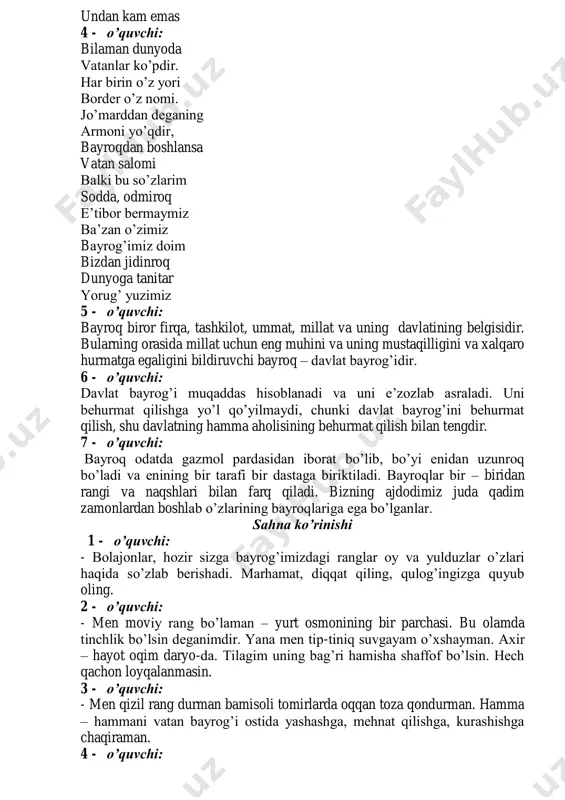 ki yulduz – o’z ikki oymiz. jamlasangiz bir yilga joymiz. kim qandoq yashadi, yaxshi, yomon? hech ikkilanmay baholaymiz. yana biz o’n ikki yulduz o’z ikki burjmiz. oyu quyosh bilan harakatdamiz. fasllar o’zgaradi. yangi kun, yangi odamlar tug’iladi. barida ishtirokimiz bor. biz aks etgan yurt bayrog’i ham, o’zi ham dunyo turguncha tursin. 1 - o’quvchi: ko’zlarga nur bag’ishlar respublikam bayrog’i osmoni keng musaffo vatan chaman har yog’i respublikam bayrog’i 2 - o’quvchi: yo’ldoshdir yo’limiz parpirab qo’limizda mehri dillarda yashar surati ko’nglimizda respublikam bayrog’i 3 - o’quvchi: porlasa turfa rangda quyosh deysiz qaranga zafarlarga chorlovchi respublikam bayrog’i 4 - o’quvchi: tinchlik mustaqillik bu bundan orzular kular kelajak yorqinlik bu respublikam bayrog’i 5 - o’quvchi: bu shonli o’zbekiston baxtimiz bahorimiz nomi tillarda doston sharaf iftizorimiz respublikam bayrog’i 6 - o’quvchi: havorang oq va yashil bordir qizil belbog’i shuning uchun chiroyli o’zbekiston bayrog’i 7 - o’quvchi: o’n ikki baxt yulduzi o’ziga xo’p yarashar unga …