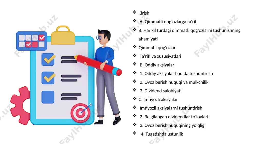 r xil turdagi qimmatli qog'ozlar to'g'risida bilimga ega bo'lish orqali investorlar ularning risk darajasini, potentsial daromadlarini va investitsiya maqsadlariga muvofiqligini baholashlari mumkin. bundan tashqari, qimmatli qog'ozlarni tushunish investorlarga o'z portfellarini diversifikatsiya qilishga va bir qator aktivlar sinflariga sarmoya kiritish orqali risklarni boshqarishga yordam beradi. oddiy aktsiya oddiy aktsiyalar - bu kompaniyaga egalik huquqini ifodalovchi qimmatli qog'ozlarning bir turi. investor oddiy aktsiyalarni sotib olganida, ular kompaniyaning qisman egasi yoki aktsiyadoriga aylanadi. aktsiyadorlar kompaniya foydasidan dividendlar va kapitalni oshirish ko'rinishida foyda olish imkoniyatiga ega. oddiy aktsiyalarning bir nechta asosiy xususiyatlari ovoz berish huquqi: oddiy aksiyadorlar odatda kompaniyaning direktorlar kengashini saylash va asosiy qarorlarni tasdiqlash kabi muhim kompaniya masalalari bo‘yicha ovoz berish huquqiga ega. dividendlar: oddiy aktsiyadorlar dividendlar olishlari mumkin, bu kompaniya foydasining aktsiyadorlarga taqsimlanadigan bir qismidir. biroq, dividendlar to'lash kafolatlanmaydi va kompaniyaning moliyaviy natijalari va boshqaruv qarorlariga bog'liq. egalik huquqi va qoldiq da'volar: oddiy aktsiyadorlar kompaniyaning aktivlari va daromadlari bo'yicha qoldiq da'voga …