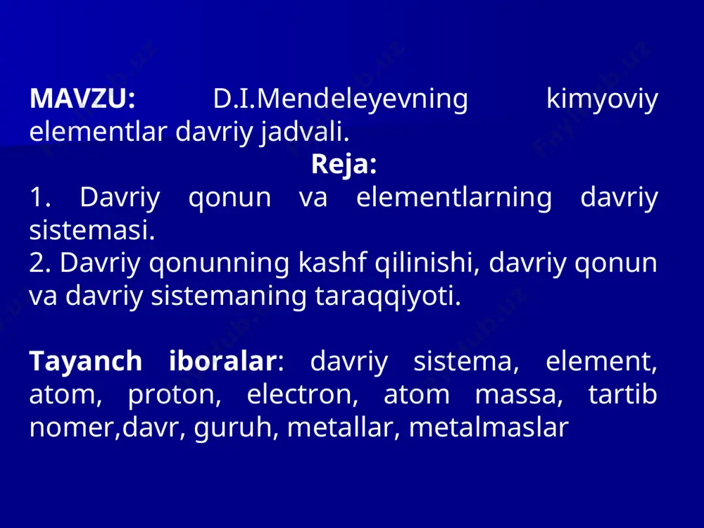 l hozirgi zamon yangi ko’rinishi ko‘pgina kimyogarlar: nemis olimlari i.debereyner (1780-1849) va l.meyer (1830-1895), ingliz olimi j.nyulends (1838-1898), fransuz olimi a.shankurtua (1819-1886) va boshqalar elementlar klassifikatsiyalarining turli variantlarini taklif etdilar. lekin ular o‘sha vaqtda ma‘lum bo‘lgan barcha kimyoviy elementlarni sistemaga solishga muvaffaq bo‘lmadilar. faqat rus olimi d.i.mendeleyevning tabiatning asosiy qonunlaridan birini – kimyoviy elementlarning qonuninin kashf etishigina kimyoviy elementlarning yagona sistemasini yaratishga imkon berdi. kimyogar o‘zi yaratgan qonunning ob’ektivligiga to‘la ishongan holda, o‘sha paytda ma’lum bo‘lgan ba’zi elementlarning atom massalariga tuzatish kiritdi. agar elementlar faqat atom massalari tartibida (o‘sha vaqtda ma’lum bo‘lgani bilan) joylashtirilganda, davriy qonundan bir qator chetlashishlar kuzatiladi. masalan, agar biz elementlarni yuqoridagidek joylashtirganimizda alyuminiy tagida titanni, kremniyning tagida vannadiyni, xossalari umuman o‘xshash bo‘lmagan elementlarni uchratgan bo‘lar edik. uning elementlarning kimyoviy xossalarini e’tiborga olib, unga yaqin elementlarning atom massalariga o‘zgartirish kiritdi. mendeleyev davriy sistemasida davriylik elementlar o‘rtasida ma’lum bo‘sh katakchalar (o‘sha vaqtda noma’lum bo‘lgan elementlar uchun) tashlab ketilgandan …