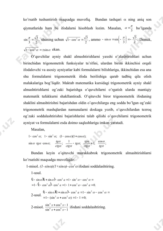 . keltirish formulalari: iv. ikkilangan va uchlangan burchakning trigonometrik funksiyalari: 1-misol. sin((sin(60o–()(sin(60o+()=sin3( ayniyatni isbotlang. 2-misol. cos((cos(60o––()(cos(60o+()=cos3( ayniyatni isbotlang. 3-misol. tg((tg(60o–()(tg(60o+()=tg3( ayniyatni isbotlang. bu ayniyatlardan foydalanib, quyidagi trigonometrik ifodalarni osonlikcha hisoblash mumkin: 4-misol. sin3(cos3(+sin3(cos3(=sin( ayniyatni isbotlang. 5-misol. cos((cos2((cos4( ifodani soddalashtiring. yechish. berilgan ifodani sin( ga ko’paytiramiz hamda bo’lamiz. 6-misol. tg4(–sec4(= ayniyatni isbotlang. v. yarim argumentning trigonometrik funksiyalari 1-misol. ni hisoblang. yechish. 2-misol. ni isbotlang. isboti. vi. trigonometrik funksiyalar ko’paytmasini yig’indiga keltirish formulalari: misol. cos(+cos((+2()+...+cos((+(() ifodani soddalashtiring. yechish. berilgan ifodani ga ko’paytiramiz va bo’lamiz. vii. trigonometrik funksiyalar yig’indisi va ayirmasining formulalari: 1-misol. ayniyatni isbotlang. isboti. 2-misol. agar tenglikning o’rinli ekanligini isbotlang. isboti. shartga ko’ra u holda vii. trigonometrik funksiyalarni yarim argumentning tangensi orqali ifodalash: мантиқий масалаларни ечиш ва уларнинг тўғри фикрлашга бўлган таъсири masalalarni yechish uchun chuqur matematik bilim emas, balki matematik mushohada yuritish va topqirlik ko’proq talab qilinadi. bu masalalardan o`qishdan tashqari mashg’ulotlarda, o’quvchilarni turli matematik musobaqalarga tayyorlash jarayonida foydalanilsa mantiqiy …