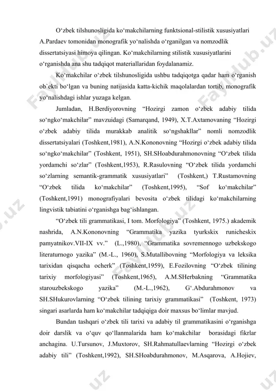 ing “o‘zbek tilining tarixiy grammatikasi” (toshkent, 1973) singari asarlarda ham ko‘makchilar tadqiqiga doir maxsus bo‘limlar mavjud. bundan tashqari o‘zbek tili tarixi va adabiy til grammatikasini o‘rganishga doir darslik va o‘quv qo‘llanmalarida ham ko‘makchilar borasidagi fikrlar anchagina. u.tursunov, j.muxtorov, sh.rahmatullaevlarning “hozirgi o‘zbek adabiy tili” (toshkent,1992), sh.shoabdurahmonov, m.asqarova, a.hojiev, i.rasulov, x.doniyorovlarning “hozirgi o‘zbek adabiy tili” (toshkent, 1980), g‘.abdurahmonov, a.rustamovlarning “qadimgi turkiy til” (toshkent,1982), j.hamdamovning “o‘zbek tili tarixi. ikkinchi qism.tarixiy morfologiya.ikkinchi bo‘lim” (samarqand, 2003) singari darslik va o‘quv qo‘llanmlari shular jumlasidandir. ko‘makchilarni o‘rganishga bag‘ishlangan ilmiy maqolalar son jihatdan salmoqli bo‘lganligi uchun ularni ma`lum guruhlarga ajratish mumkin. a.a. koklyanovaning “o‘zbek tilida so‘ngko‘makchilar va ko‘makchi otlar”, h.g‘.ne`matovning “xi-xii asr yozma yodgorliklarida ko‘makchilar (“qutadg‘u bilig”, “devonu lug‘otit turk”, “hibatul haqoyiq” materiallari asosida)”, g.f.blagovaning “xv-xvi asrlar eski o‘zbek adabiy tilidagi ko‘makchilar haqida” maqolalari ko‘makchilarni diaxronik, a.g‘ulomovning “ko‘makchili konstruktsiya haqida”, u.tursunovning “o‘zbek tilida so‘ng ko‘makchilar” maqolalari sinxronik yo‘nalishda o‘rganishga bag‘ishlangan bo‘lsa, o‘.saidovning “hozirgi o‘zbek adabiy tilidagi ko‘makchilarning o‘rganilishiga …