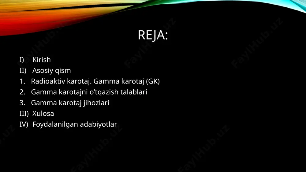 aj ngk, neytron-neytronli karotaj nnk, impuls-neytronli karotaj ink, faollashma neytron karotaj nаk, entgen-radiometrik karotaj rrk, gamma-spektrometrik karotaj gsk, uran konlarida bir onli neytronlar boʼlinishi karotaji kndm va boshqa radioaktiv karotaj usullari qoʼllaniladi. radioaktiv karotaj usullari elektr usullariga nisbatan bir qancha afzalikka ega. radioaktiv karotaj tadqiqotlarini (usullarini) temir quvurlar bilan mustahkamlangan burgʼi quduqlarining ichida oʼtkazilsa ham boʼladi. bu usullar yordamida tabiiy kon maʼdanlarining mineral tarkiblarini, togʼ inslarining fizik xususiyatlarining (gillilik, zichlik, gʼovaklik radioaktivlik va h.k) aniqlash mumkin. gamma – karotaj gamma karotajda togʼ jinslari va maʼdanlarning tabiiy holda paydo boʼlgan tabiiy gamma nurlanishlarni qayd qilishga asoslangan. gk usulini sobiq ittifoq geofiziklari (g.v. gorshkov, l.m. kurbatov, а.g. grammakov, v.а. shpaklar) birinchilardan boʼlib 1933-1934 yillarda ishlab chiqishdi va amaliyotga tadbiq etishdi. gamma karotaj - togʼ jinslarining tabiiy radioaktivlik xossalarining qiymatlarini oʼlchash boʼyicha litologik kesimni oʼrganishda va zarur detal xarakterli fizik parametrlarni aniqlashda (uran konlarida uran qatlamlarini qayd qilish hamda neft va gaz konlarida …