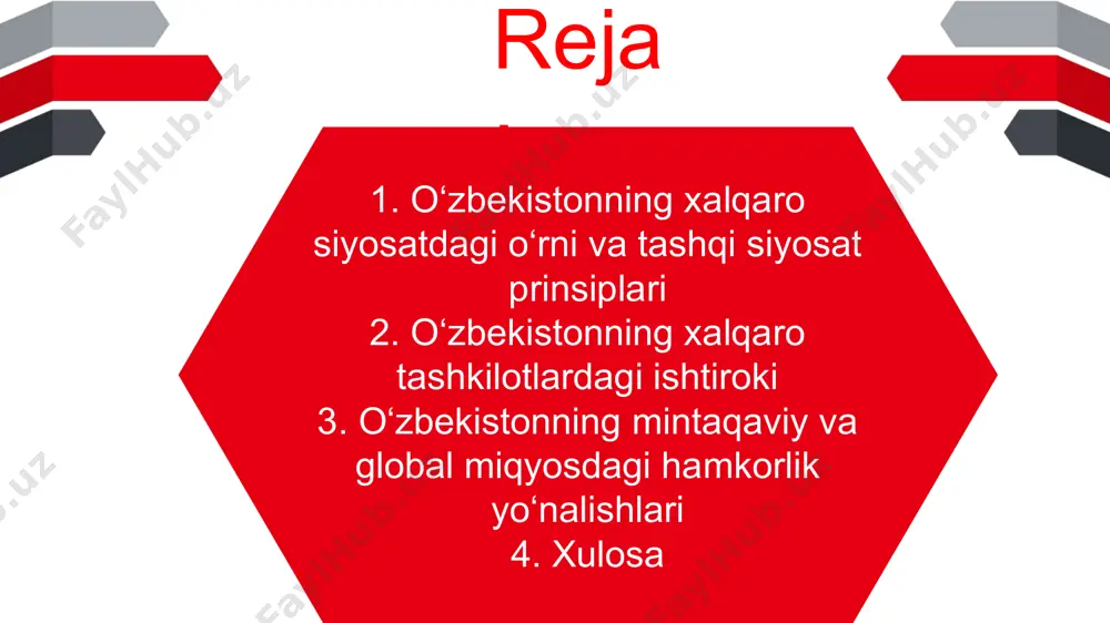 oshirish va qo‘shma loyihalarni amalga oshirishda faol qatnashmoqda. energetika sohasida esa gaz, neft hamda qayta tiklanuvchi energiya manbalari bo‘yicha yirik hamkorlik loyihalari yo‘lga qo‘yilgan. shuningdek, madaniy-gumanitar hamkorlik doirasida ta’lim, sport, san’at va ilmiy tadqiqotlar sohasida xalqaro almashinuv dasturlari amalga oshirilmoqda. o‘zbekistonning xalqaro hamkorligi keng qamrovli va strategik yo‘nalishlarni o‘z ichiga oladi. savdo-iqtisodiy sohada mamlakat xitoy, rossiya, turkiya, janubiy koreya, aqsh va yevropa ittifoqi davlatlari bilan faol sarmoya kiritish va eksport-import aloqalarini rivojlantirmoqda. transport va logistika tarmog‘ida esa “yangi ipak yo‘li” loyihasi doirasida zamonaviy tranzit yo‘llar, temir yo‘llar va avtomobil magistrallari qurilishi ustuvor ahamiyat kasb etmoqda. energetika yo‘nalishida gaz, neft va qayta tiklanuvchi energiya manbalari bo‘yicha yirik xalqaro loyihalar amalga oshirilmoqda. xulosa o‘zbekiston xalqaro siyosatning faol sub’ekti sifatida o‘z manfaatlarini himoya qilish bilan birga, mintaqa va jahon tinchligi, xavfsizligi, barqaror rivojlanishiga hissa qo‘shmoqda. ko‘p vektorli tashqi siyosat strategiyasi mamlakatga turli davlatlar bilan o‘zaro manfaatli aloqalar o‘rnatish imkonini bermoqda. shu bilan birga, …