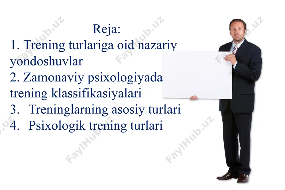ay treningda ishtirokchilarning erkinlik prinsipi talab etiladi. trener guruh faoliyatini boshqarish va tashkillashtirishdan voz kechadi, shu usul orqali frustrasiyani yuzaga keltiradi. natijada ishtirokchilarning o‘zi faollashib mashg‘ulot davomida kechayotgan barcha jarayonga nisbatan mas’uliyatlari oshadi. asosiy diqqat bu yerda guruhiy jarayon yoki shaxslararo ta’sir ko‘nikmalarini rivojlantirish jarayoniga emas, balki, autentlikni (muvofiqlikni) izlashga va boshqa insonlarga nisbatan ochiqlikka qaratilgan bo‘ladi. shuningdek, psixologik himoya to‘siqlarini kamaytirish va shaxsiy darajadagi nosamimiylikni bartaf etish hisobiga o‘z-o‘zini anglashni rivojlantirishdan iboratdir. 7 guruhiy dinamika nazariyasini amaliyotda sinash va tasdiqlash; ishtirokchilar hayotda to‘qnashadigan muammolarga qayta ishlov berish; ishtirokchilarga boshqarish ko‘nikmasini rivojlantirishga yordam berish; ishtirokchilarni shaxslararo munosabatlar jarayonidagi pozitiv xulq-atvorga o‘rgatish; k’yel rudestam guruhiy uchrashuvning quyidagi maqsad va vazifalarini sanab o‘tadi: olingan bilimlarni guruhdan tashqarida ham qo‘llay olishga o‘rgatish. psixodinamik yondashuvga transaktanaliz, psixodramma va tana tanaterapiyasi kiradi. v.yu.bolshakov o‘zining «psixotreninglar» deb nomlangan kitobida transaktanalizni inson o‘zini va boshqalarning xulq-atvorini tahlil qilishga ratsional qarashni o‘rgatuvchi, o‘zini va o‘zgalar shaxsi psixologiyasining mohiyatini …