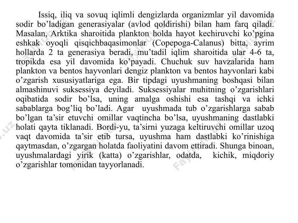 qatlamining barbod bo’lishi, tuproqning ustki qatlamlarini zichlanishi va uning strukturasini buzilishiga olib keladi. biotsenozning ekologik tuzilmasi. har bir biotsenozda alohida ekologik guruhga mansub organizmlar uchraydi. biotsenozdagi ekologik guruhlar nisbati uning ekologik tuzilmasini ifodalaydi. o’xshash ekologik tuzilmaga ega bo’lgan biotsenozlarning har birida o’ziga xos tur tarkibi bo’lishi mumkin. chunki qiyoslanayotgan biotsenozlardagi mutanosib ekologik tokchani muhit omillariga bo’lgan talab darajasi bir muncha yaqin boshqa-boshqa turlar egallashi mumkin. filogenetik uzoq, lekin ekologik talab darajasi mutanosib bo’lgan va biotsenozlarda bir xil funktsiyani bajaruvchi turlar vikar turlar deb ataladi. tabiatda ekologik vikarlar keng tarqalgan. masalan, evropa o’rmonlarida suvsarlar, osiyo o’rmonlarida sobollar, bir xil ekologik tokchani egallab hayot kechiradi. afrika kengliklarida antilopalar, shimoliy amerika bizonlari, osiyoda yashovchi yovvoyi otlar va qulonlar o’xshash ekologik tokchalar bo’ylab tarqalgan va tegishli biotsenozlarning ozuqa zanjirida o’rni va ahamiyati o’xshashdir. har bir biotsenozning tur tarkibi mazkur mintaqada tarqalgan turlardan tashkillanadi. lekin biotsenozlarning ekologik tuzilmasi ma’lum iqlim va landshaft sharoitiga bog’liq holda …