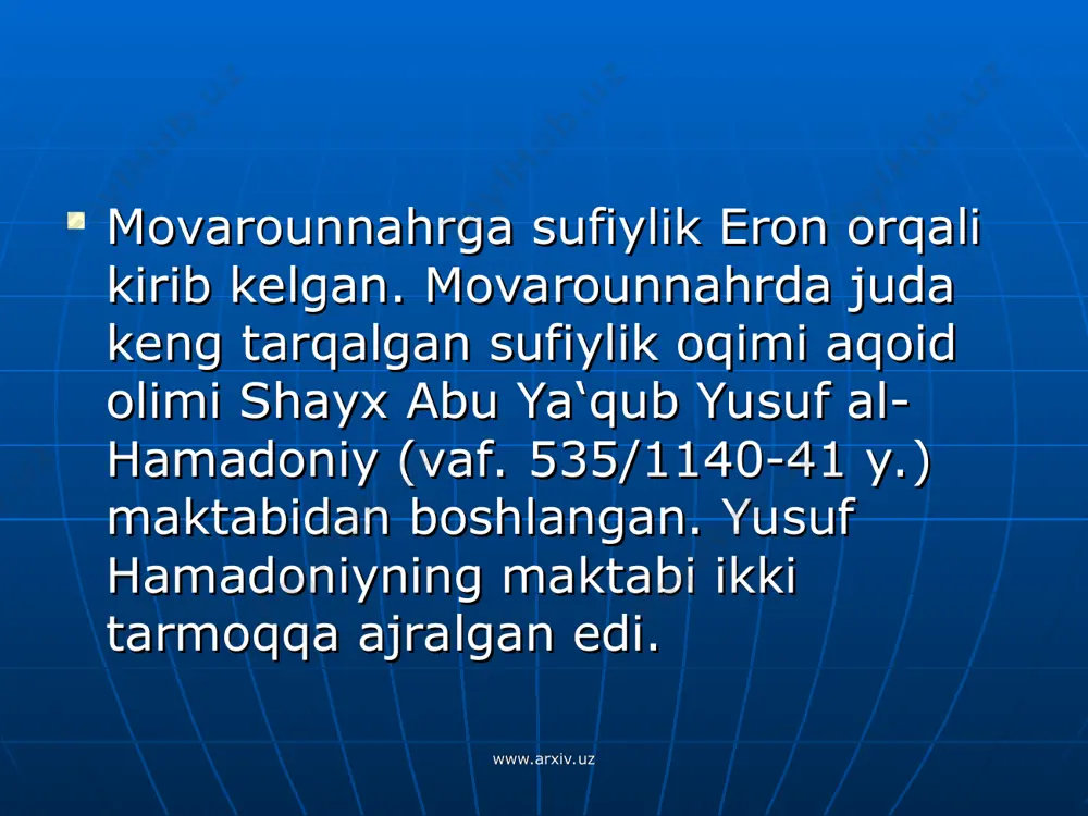 y ilmlar ham o‘z rivojiga ega bo‘ldi. islom dini - arabiston yarim oroli dorasidan chiqib, taraqqiy etgan jahon diniga aylandi. islomning din sifatida shakllanib, rivojlanishi aynan shu davrlarga to‘g‘ri keladi. albatta, bunga turli mintaqalardagi jarayonlar o‘z ta’sirini ko‘rsatdi. xususan, movarounnahrning islom madaniyati va fanning algebra, astronomiya, falsafa, tarix, hadis, kalom va boshqa sohalariga ko‘rsatgan ta’siri juda kattadir. ayniqsa fiqh ilmi sohasida movarounnahrning tutgan o‘rni beqiyosdir. umuman olganda islom huquqshunosligi (fiqh) o‘ziga xos rivojlanish tarixiga ega. www.arxiv.uz www.arxiv.uz fiqh - g‘arbda islamic law, muslim law, muhammadan jurisprudence, le droit musulman, islamische gesetz kabi nomlar bilan yuritiladi. dunyoda amaldagi huquq normalaridan farqli o‘laroq, fiqh o‘z ichiga ibodat masalalarini ham qamrab oladi. buni tavrot kitobining ibodat masalalarini jamlab olgan talmudga qiyoslash mumkin. fiqh - qadimdan mavjud huquqiy normalarni ibodat va muomala masalalari bilan mushtarak holda ma’lum tartibga solingan huquqiy tizimdir. www.arxiv.uz www.arxiv.uz lug‘atda:«al-fiqh» kalimasi -« anglamoq, tushunmoq» kabi ma’nolarni beradi. istilohda: «al-fiqh» - …