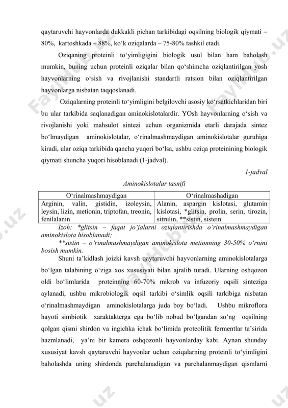 obud bo‘lgandan so‘ng oqsilning qolgan qismi shirdon va ingichka ichak bo‘limida proteolitik fermentlar ta’sirida hazmlanadi, ya’ni bir kamera oshqozonli hayvonlarday kabi. aynan shunday xususiyat kavsh qaytaruvchi hayvonlar uchun oziqalarning proteinli to‘yimligini baholashda uning shirdonda parchalanadigan va parchalanmaydigan qismlarni hisobga olish kerak bo‘ladi, ushbu nisbat 60-70:30-40 bo‘lishi maqsadga muvofiq. cho‘chqa va parrandalarni oziqlantirishda oziqa va ratsionning proteinli to‘yimligini baholashda uning tarkibidagi o‘rinalmashmaydigan aminkislotalar bilan ta’minlangaligi, ularning saqlanishi, azotli moddalarning foydalanish koeffitsientini oshirishda ahmiyatga ega. bir kamerali hayvonlarni oziqlantirishda asosan lizin, metionin va triptofan aminokislotalarning etishmovchiligi kuzatiladi, shuning uchun ular kritik aminokislotalar deb nom olgan. oziqalar tarkibida saqlanadigan kritik aminokislotalar to‘g‘risida ma’lumot 2-ilovada keltirilgan. o‘simiklar tarkibida bo‘ladigan proteinda oqsil xususiyatga ega bo‘lmagan amidlar guruhi saqlanadi, ular erkin aminokislotalar, aminokislotalar amidlari, azotli alkoloidlar, organik ishqorlar va amoniy birikmalar, shu jumladan nitrat va nitritlardan ham tashkil topgan. ayrim amidlar o‘simlik organizmida oqsil sintezi to‘lig‘icha hosil bo‘lmagan yoki ferment va bakteriyalar yordamida parchalanish jarayonida bo‘lgan …