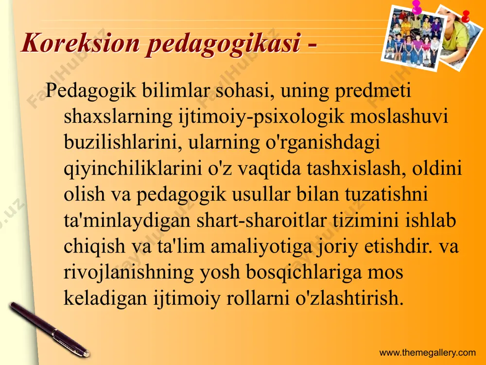 : mahrumlik nuqson noto'g'ri moslashish og'ish www.themegallery.com koreksion (lotincha correcccio - tuzataman) - bolalar rivojlanishidagi kamchiliklar va og'ishlarni tuzatishga qaratilgan psixologik-pedagogik faoliyat shakli. kompensatsiya - har qanday funktsiyalar buzilgan yoki yo'qolgan taqdirda tananing funktsiyalarini qayta qurishning murakkab, xilma-xil jarayoni. www.themegallery.com koreksion pedagogika- (lot. correctio — tuzatish) bolalar va o'smirlarning psixofizik rivojlanishidagi kamchiliklarni va xatti-harakatlaridagi og'ishlarni zaiflashtirish yoki bartaraf etishga qaratilgan maxsus va umumiy pedagogik chora-tadbirlar tizimi sifatida belgilanadi. www.themegallery.com kompensatsiya - (lot. compensatio - kompensatsiya, muvozanatlash) - tananing buzilgan yoki rivojlanmagan funktsiyalarini almashtirish, qayta qurish, uning o'zgargan salbiy sharoitlariga moslashish va ta'sirlangan, muvaffaqiyatsiz yoki samarasiz ishlaydigan tuzilmalarni nisbatan buzilmagan, kompensatsion tuzilmalar bilan almashtirishga urinish. mexanizmlar. www.themegallery.com ijtimoiylashtirish: ijtimoiy moslashuv - rivojlanish nuqsonlari bo'lgan bolalarga nisbatan, bu ularning jamiyatdagi yashash va mehnat sharoitlariga moslashishi, bolalarning individual va guruhli xatti-harakatlarini ijtimoiy me'yorlar tizimiga moslashtirish. ijtimoiy reabilitatsiya - nogiron bolalarni ijtimoiy muhitga kiritish. www.themegallery.com moslashuv - ijtimoiy (lotincha adapto men moslashtiraman) - jamiyatda …