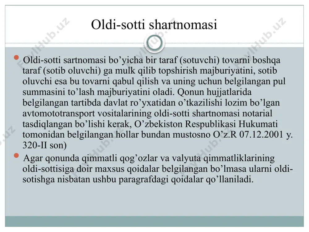 ni tuzish uchun taraflar kelishuvining o’zi kifoya qiladi. konsensual shartnomalar huquq va majburiyatlar taraflarning kelishuvlari asosida qonun talab qilgan shaklda rasmiylashtirilgan zahoti tuzilgan hisoblanadi. masalan: oldi sotti, mahsulot yetkazib berish, pudrat, mulkni ijaraga berish. real shartnomalar-taraflar o’z aro kelishgan va ashyo yoki pul topshirilgan paytdan vujudga keladi. masalan: qarz, omonot, hadya. agar qonunda qimmatli qog’ozlar va valyuta qimmatliklarining oldi-sottisiga doir maxsus qoidalar belgilangan bo’lmasa, ularni olish sotishga nisbatan umumiy qoidalar qo’llaniladi. qimmatli qog’ozlar sohasidagi munosabatlarni tartibga solish “qimmatli qog’ozlar bozori ” tog’risidagi 2008 yil 22 iyun qonuni, “birjalar va birja faoliyati tog’risidagi ” 2001 yil 29 avgust qonuni, shuningdek normativ hujjatlar, prezident farmonlari, vazirlar mahkamasi qarorlari va hokazolar bilan tartibga solinadi. qimmatli qog’ozlar jumlasiga quyidagilar kiradi: obligaciyalar, veksellar, cheklar, depozit va jamg’arma sertifikatlari, akciyalar, konosementlar kiradi. valyuta qimmatliklari oldi sotdisi vakolatli davlat organlari tomonidan belgilangan tartibda amalga oshiriladi. shartnoma, agar qonunda boshqacha xol belgilangan bo’lmasa yoki u tovarning xususiyatidan kelib …