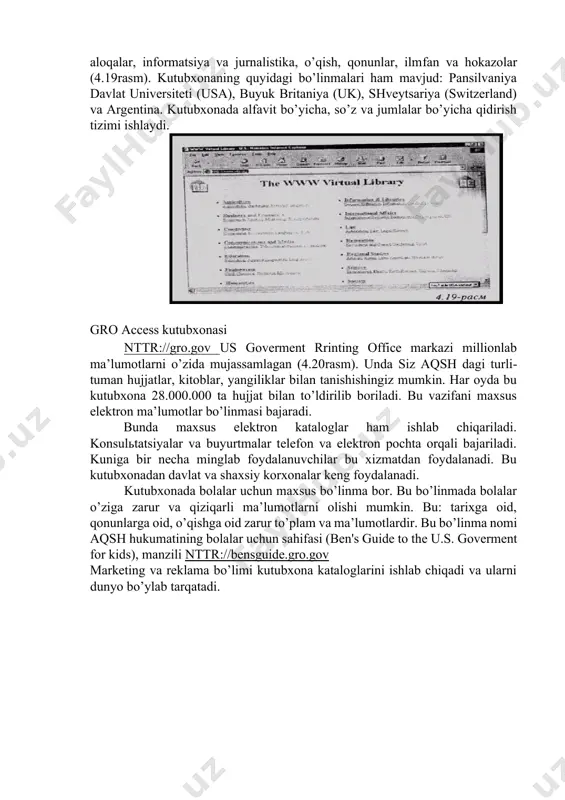 alanuvchilar bu xizmatdan foydalanadi. bu kutubxonadan davlat va shaxsiy korxonalar keng foydalanadi. kutubxonada bolalar uchun maxsus bo’linma bor. bu bo’linmada bolalar o’ziga zarur va qiziqarli ma’lumotlarni olishi mumkin. bu: tarixga oid, qonunlarga oid, o’qishga oid zarur to’plam va ma’lumotlardir. bu bo’linma nomi aqsh hukumatining bolalar uchun sahifasi (ben's guide to the u.s. goverment for kids), manzili nttr://bensguide.gro.gov marketing va reklama bo’limi kutubxona kataloglarini ishlab chiqadi va ularni dunyo bo’ylab tarqatadi. nttr://vcu.librarv.edu virginia commonwealth university elektron kutubxonasi (4.21­rasm). bu kutubxona universitetning elektron kutubxonasidir. bu kutubxona o’zida ko’pgina kitob, maqolalar, jurnallar, audio va video ma’lumotlarni mujassamlagan. kutubxona barcha konferentsiyalar, anjuman va ma’ruzalar haqidagi ma’lumotlarni muntazam e’lon qilib turadi. www.library.wustl.edu vashington universiteti virtual kutubxonasi ushbu kutubxonada quyidagi mavzulardagi ma’lumotlar mavjud: san’at va arxitektura, biologiya, biznes, kimyo, ilm­fan, tibbiyot, qonunlar, matematika va hokazolar. kutubxona qidirish tizimi mavjud. kutubxona ma’lumotlarga buyurtmalar qabul qiladi. rossiya milliy elektron kutubxonasi nttr://www.nns.ru dunyodagi eng yirik rus tilidagi ommaviy informatsiya …