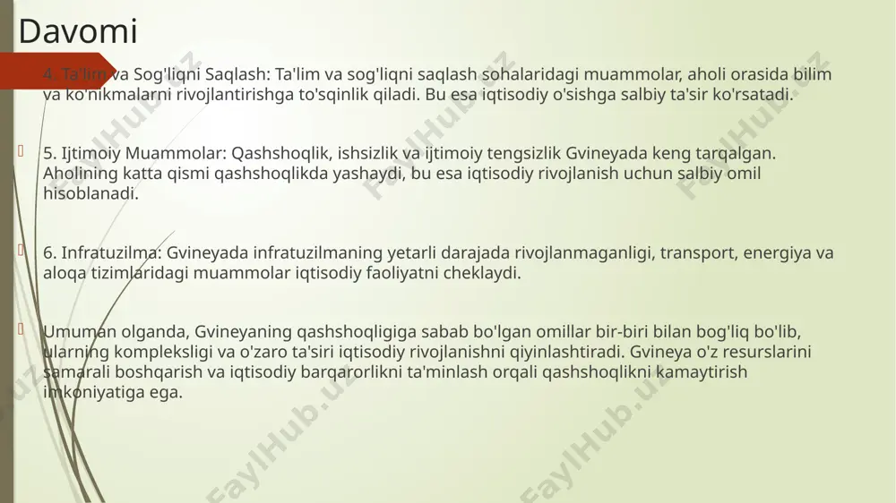vineyada siyosiy beqarorlik va harbiy to'ntarishlar iqtisodiy rivojlanishga salbiy ta'sir ko'rsatmoqda. bu investorlar uchun xavf tug'diradi va iqtisodiy barqarorlikni ta'minlashni qiyinlashtiradi. 2. korrupsiya: - korrupsiya iqtisodiy faoliyatni cheklaydi va resurslarning samarali taqsimlanishini to'sqinlik qiladi. bu holat investorlarni jalb qilishda muammo tug'diradi. o'sishga 3. infratuzilma muammolari: - transport va energetika infratuzilmasining yetarli darajada rivojlanmaganligi iqtisodiy faoliyatni cheklaydi. yo'llar, ko'priklar va energiya ta'minoti tizimlarining yomon holati iqtisodiy to'sqinlik qiladi. 4. iqtisodiy diversifikatsiya yetishmasligi: - gvineya iqtisodiyoti asosan tabiiy resurslarga bog'liq. bu esa global bozor narxlarining o'zgarishlariga nisbatan sezgirlikni oshiradi va iqtisodiy barqarorlikni ta'minlashni qiyinlashtiradi . gvineya davlati rivojlanish uchun qanday g’oyalar mavjud gvineya davlatining rivojlanishi uchun bir nechta strategik gʻoyalar va islohotlar mavjud. bu gʻoyalar mamlakatning siyosiy, iqtisodiy, ijtimoiy va ekologik holatini yaxshilashga yordam berishi mumkin. quyidagi sohalarda amalga oshiriladigan islohotlar gvineyaning rivojlanishiga katta hissa qo'shishi mumkin: 1. siyosiy islohotlar va barqarorlik siyosiy barqarorlikni ta'minlash: gvineyada siyosiy beqarorlikni bartaraf etish uchun demokratik …