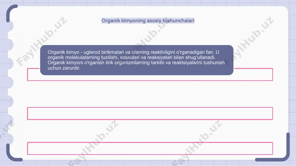 ini beradi. organik sintez: retrosintez organik sintez - bu oddiy boshlang'ich materiallardan organik birikmalar yaratish uchun ishlatiladigan jarayon. retrosintez organik sintezning asosiy tushunchasi bo'lib, bu erda kerakli maqsadli molekula oddiyroq boshlang'ich materiallarga bo'linadi. ushbu bosqichma-bosqich yondashuv kimyogarlarga kerakli molekulaga erishish uchun ko'p bosqichli sintez yo'llarini rejalashtirish va amalga oshirish imkonini beradi. organik kimyoning qo'llanilishi organik kimyo yangi dori vositalari va dori vositalarini yaratishda hal qiluvchi rol o'ynaydi. u o'ziga xos xususiyatlar va funktsiyalarga ega bo'lgan organik birikmalarni loyihalash va sintez qilish uchun ishlatiladi. organik kimyo polimerlar va plastmassalar ishlab chiqarishda ham qo'llaniladi. bu kerakli mexanik, termal va kimyoviy xususiyatlarga ega materiallarni yaratishga imkon beradi. bundan tashqari, organik kimyo pestitsidlar va o'g'itlar kabi agrokimyoviy moddalarni ishlab chiqishda qo'llaniladi. bu ekinlarni zararkunandalardan himoya qiladigan va ularning o'sishini kuchaytiradigan birikmalarni loyihalashda yordam beradi. e'tiboringiz uchun rahmat