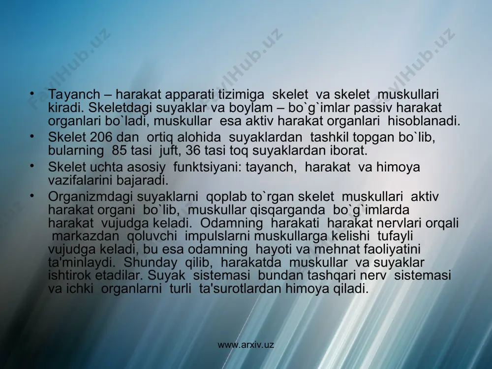 ) bor. har bir naysimon suyakning tanasi (daifizi) va ikki uchi (epifizlari) tafovut qilinadi. yassi suyaklarning shakli turli xil bo`ladi. ularga kallaning qoplovchi suyaklari, ko`krak va chanoq suyaklari kiradi. aralash suyaklar turli shaklga ega bo`lgan. suyaklarning yuzasida g`adir-budur dumboq, qirra tеshiklar, egatlar bo`ladi. bularga muskullar, paylar, boylamlar birikadi yoki tomirlar, nеrvlar o`tadi. suyak qo`shuvchi to`qimaga kirib ikki xil kimyoviy modda: organik va anorganik moddalardan iborat. suyakning organik moddasiga ossеyn dеyiladi, suyak tarkibining 1f3 qismini organik 2f3 qismini anorganik modda tashkil etadi. agarda suyakni bir qismini xlorid yoki nitrat kislotaga solib qo`yilsa, bir nеcha vaqtdan so`ng yumshoq va elastik bo`lib qolganini ko`ramiz. suyak olovda kuydirilsa, organik moddalari kuyib kеtishi tufayli murt bo`lib qoladi. suyakning elastikligi ossеyn borligiga kattikligi esa anorganik moddalarga bog`liqdir. suyakda organik va anorganik moddalar borligidan elastik va kattiqdir. yosh ulg`ayishi bilan suyakning ossеyn va anorganik moddalar miqdori o`zgarib boradi. bolalarda organik moddalari ko`proq. shuning uchun ularning suyagi elastik …