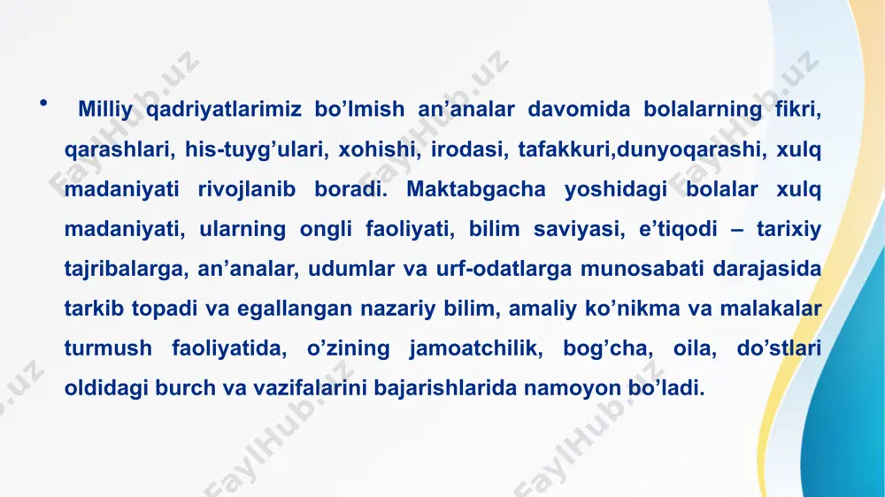 ing soni, nechanchi farzand ekanligi, oilada ko’pincha qanday an’analar tez-tez bo’lib turishini bilish; - oiladagi tadbirlarning nomi, oila a’zolarining bo’sh vaqtlarida nima bilan shug’ullanishlari, ularning hunarlari, iqtisodiy tarbiyaga oida olib boradigan ishlari; - oilada bolalarga kim ko’proq e’tibor beradi, ertak, rivoyat aytuvchi kim? oila a’zolarining o’zaro bir-birini hurmat qilishi, kiyinishi, oila muammolarini hal etishda bolalarning ishtirok etish, etmasligi va hokazo. oilda avlodlar o’tib ketishi bilan oilalardagi ba’zi salbiy tarbiya uslublari o’z-o’zidan yo’qolib ketadi, deyish o’rinsiz. bola kattalarning so’zlari, xatti-harakatlari, ya’ni berayotgan va’dalari, yurakdan qilinayotgan muomalalariga yoki do’q-po’pisalaridan qat’i nazar, ularga ishonishi lozim. bunday samarali yo’llar bolalarni boshqalarga hurmat-ehtirom bilan muomala qilish, madaniyatli bo’lishda asosiy rol o’ynaydi. natijada, milliy qadriyatlar vositasida yurish-turish, o’zini tuta bilish, madaniy muomalada ijobiy sifatlar tarkib topadi. chunki bolalarni maktabgacha tarbiyayoshidan boshlab, ularning xulq-atvori, asosan, oilada, so‘ngra bog‘chada shakllanadi. jamiyatimiz tubdan islohqilinayotgan, ya’ni, aniqrog‘i, yangilanayotgan hozirgi sharoitda bolalarni ma’naviy-axloqiy rivojlantirishda oila hamda bog‘chaning ahamiyatini oshirish dolzarb masala …