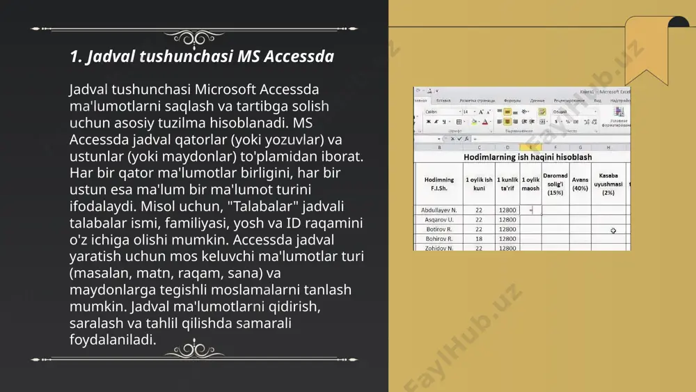 shda zaxira nusxa tayyorlash foydali, chunki o'chirilgan ma'lumotlar qaytarilmas. o'chirishda `truncate` buyruqlaridan foydalanish butun jadvalni tozalab, tez ishlashni ta’minlashi mumkin. ... t.me/slaydai_bot 7. jadvalda ma'lumotni yangilash 7. jadvalda ma'lumotlarni yangilash uchun dastlab mavjud ma'lumotlar bazasini tekshirish kerak. yangi kiritiladigan ma'lumotlar 2023-yil, 10-oktabrgacha bo'lgan ma'lumotlarga asoslanishi lozim. kiritilayotgan har bir ma'lumot qatori avvalgi ma'lumotlar bilan solishtiriladi. yangiliklarning dolzarb bo'lishi uchun har oyda kamida bir marta yangilash talab etiladi. jadvalda 50 dan ziyod ustun va 1000 dan ortiq satr bo'lsa, monitoring tizimi qo'shimcha ravishda optimallashtiriladi. ushbu yangilash elektronga asoslangan hujjat sifatida saqlanishi va tasdiqlangan standartlarga muvofiqlashtirilishi lozim. ... t.me/slaydai_bot ms accessda bir nechta jadvallarni bog'lash uchun, "relationship" funksiyasidan foydalaniladi. bu, ma'lumotlar orasidagi bog'lanishlarni yaratish va ma'lumotlarning yaxlitligini ta'minlashga xizmat qiladi. bog'lanishlar uch xil bo‘lishi mumkin: "birga-bir", "birga-ko‘p" va "ko‘pga-ko‘p". eng ko‘p qo‘llaniladigani "birga-ko‘p" bog‘lanishidir. jadvallarni bog‘lashda har bir jadvalda asosiy kalit (primary key) va tashqi kalit (foreign key) mavjud bo‘lishi kerak. bu …
