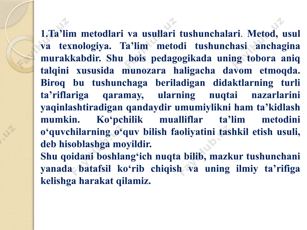 ekranli-ovozli aks ettiruvchi asbob va moslamalardir. ularga quyidagilar kiradi: o‘quv kinofilmlari; diafilmlar; kompyuterlar; magnitofon tasmalari; radioeshittirish; teleko‘rsatuvlar. ta’limning texnik vositalarini quyidagi turlarga ajratish mumkin: axborot; aralash(kombinatsion); trenajyor; bilimlarni nazorat qilish vositalari; audiovizual vositalar. ta’ limning texnik vositalari quyidagi funktsiyalarni bajaradi: ta’limning sifati va samaradorligini oshiradi; o‘quv jarayonining jadallashuvini ta’minlaydi; o‘quvchilarni idrok qilishga yo‘naltiradi; o‘quvchilarda bilimlarni egallashga nisbatan katta qiziqish hosil qiladi; dunyoqarashni, ishonchni, o‘quvchilarning axloqiy qiyofasini shakllantirishga yordam beradi; o‘quv ishiga nisbatan o‘quvchilarda emotsional munosabatni oshirishni ta’minlaydi; bilimlarni nazorat, o‘zini-o‘zi nazorat qilishni ta’minlaydi. tushunchalar tahlili metodlar metodlar mazmuni kasbiy faoliyatingizdagi o‘rni qo‘shimcha fikrlar hikoya suhbat evristik suhbat tushuntirish ma’ruza kitob bilan ishlash namoyish metodi illyustratsiya amaliy metod videometod mashq 3-topshiriq. ta’lim metodlarining mohiyati va mazmunini aniqlashga doir tushunchalar tahlili metodini bajarish suhbat hikoya og`zaki maruza amaliy tabiiy ko’rgazmalar tasviriy ko’rgazmalar afzalligi kamchiligi afzalligi kamchiligi xulosa: xulosa: “rezyume” image2.jpeg image3.png image4.jpeg image5.png image6.jpeg image7.jpeg /docprops/thumbnail.jpeg