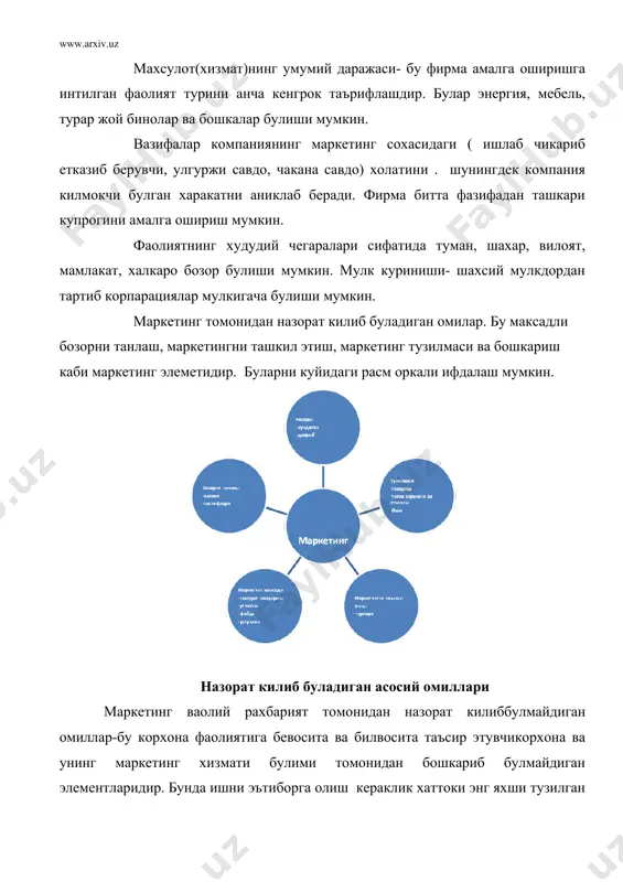 ади. ва нихоят узининг умумий нуктаи назаридан ракибларини аниклаб олиши керак. мисол учун, кинотеатр билан бошка кинотеатрлар ракобати булибгина колмай балки телевединея , спорт тадбирлари, ва бошкалар. шунинг учун хам кинотеатр эгаси уз-узига шундай савол бермоги лозим булади: турли хилдаги дам олиш муассасалари билан ракобат килиши учун филиалларни танлаш, бахоси, намойиш килиш вактлари хизмат курсатиш ва бошкалар нуктаи назардан нималар килиш зарур». хукумат. истеъмолчилар хукуки, уларнинг согликларини ва бошка кичик корхоналар химоя килиш максадида карорлар, формалар чикариши мумкин. шунга ухшаш тадбирлар фирма томонидан назорат килиб булмайди. иктисодиет хар бир фирма учун мамлакатни иктисодий жихатдан кай даражада ривожланганлиги, миллий валютанинг кадри, еки булмаса ахоли жон бошига тугри келадиган ялпи миллий махсулот, инфляция, инкироз ва шу каби курсаткичлар даражаси мухим ахамиятга эга, лекин фирма буларни хеч качон назорат кила олмайди. фойдаланилган адабиётлар: 1. и.а.каримов, “узбекистон иктисодий ислохотларни чукурлаштириш йулида”, т.: “узбекистон”, 1995 й. 2. и.а.каримов, т.а.каримова, “миллий модель муаммолари”, т.: “узбекистон”, 1993 …