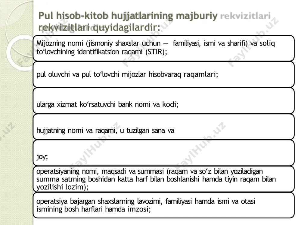 g hisob-kitob markazi (hkm)da ochilgan tashqi (“21302-rezident bankning vakillik hisobvarag‘i”) vakillik hisobvarag‘ining kun boshiga aylanma va qoldiq summalarini, o‘zlarining ichki (“10301-markaziy bankdagi vakillik hisobvarag‘i”) vakillik hisobvarag‘ining aylanma va qoldiq summalari bilan mosligini tekshirish bilan boshlashadi. ichki va tashqi vakillik hisobvarag‘i aylanma va qoldiq summalarini mosligini tasdiqlash uchun hkm ga elektron fayl yuboradi; hkm tijorat banklari yuborgan elektron faylni qabul qilib oladi va bankning tashqi va ichki vakillik hisobvaraq qoldiq summalarini dasturiy ravishda taqqoslaydi hamda ularni mosligini tasdiqlab banklarga qaytaradi. vakillik hisobvaraqlar qoldiq summalari mos kelmasa, mavjud farq bartaraf etilmaguncha bank amaliyot kuni ochilmaydi hamda banklararo to‘lovlarni amalga oshirishga ruxsat etilmaydi; hkm dan tasdiq (w-fayl) olgandan so‘ng, banklarga banklararo to‘lovlarni amalga oshirish uchun ruxsat beriladi; banklarda ish kuni tartibi filiallari mavjud bank filiallariga “to‘lov markazi”da ochilgan tashqi (“22204-bosh bank-filiallarga to‘lanadigan mablag‘lar”) va filiallarda ochilgan (“16103-bosh bank/filiallardan filiallararo va banklararo hisob-kitoblar bo‘yicha olinadigan mablag‘lar”) ichki vakillik hisobvaraqlar qoldiq summasini mosligini tasdiqlash bosh …