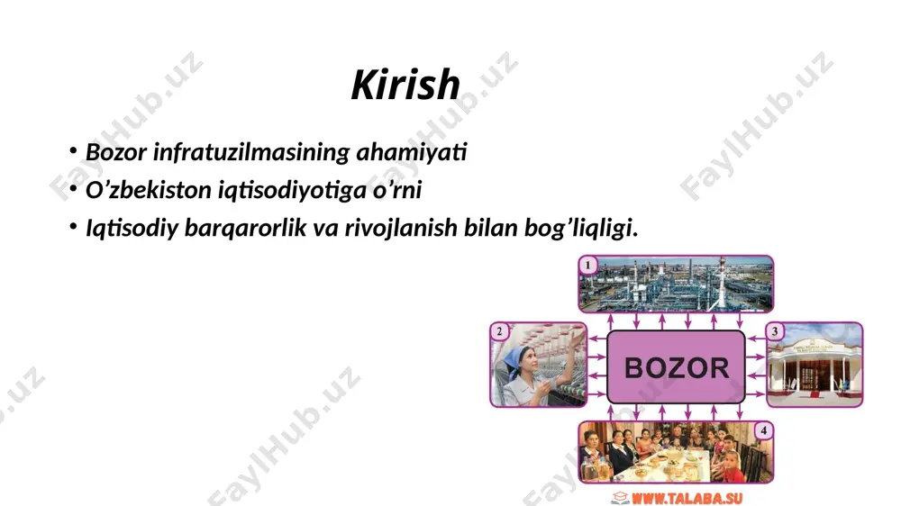 koniyatlar va imtiyozlar. chet el kompaniyalar ishtiroki va tajribasi. xorijiy investitsiyalarni jalb qilish strategiyalari. kelajak istiqbollari. yangi texnalogiyalar va ularning ta’siri. bozor infra tuzilmasini rivojlantirishning uzoq muddatliy strategiyasi. mintaqaviy hamkorlik va xalqaro intagratsiya. amaliy misollar. o’zbekistondagi muvaffaqiyatliy loyihalar. xususiy sektorning o’sish su’ratlari. rivojlangan mamlakatlar tajribasi. taqqoslash. boshqa davlatlar bilan solishtirish:qozog’iston, rossiya,janubiy koreya tajribasi. oxshash va farqliy jihatlar. это изображение, автор: неизвестный автор, лицензия: cc by xulosa asosiy xulosolar:bozor infratuzilmasining dolzarbligi. takliflar:infratuzilmani yanada rivojlantirish yo’llari. etiboringiz uchun rahmat. tashkent refect university 463-guruh tayyorladi irisova aynash. image1.jpg image2.jpg image3.jpg image4.jpg image5.jpg image6.jpg image7.jpg image8.jpg image9.jpg image10.jpg image11.jpg image12.jpg image13.png image14.jpg image15.png image16.jpg image17.jpg image18.jpg image19.jpg image20.jpg image21.jpg uzbekistan /docprops/thumbnail.jpeg