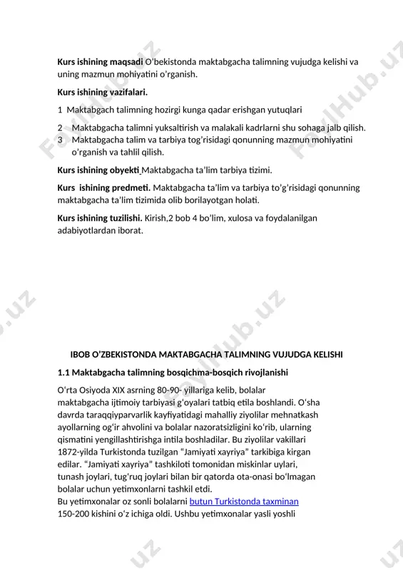 i maktabgacha ta’lim tarbiya tizimi. kurs ishining predmeti. maktabgacha ta’lim va tarbiya to’g’risidagi qonunning maktabgacha ta’lim tizimida olib borilayotgan holati. kurs ishining tuzilishi. kirish,2 bob 4 bo’lim, xulosa va foydalanilgan adabiyotlardan iborat. ibob o’zbekistonda maktabgacha talimning vujudga kelishi 1.1 maktabgacha talimning bosqichma-bosqich rivojlanishi o‘rta osiyoda xix asrning 80-90- yillariga kelib, bolalar maktabgacha ijtimoiy tarbiyasi g‘oyalari tatbiq etila boshlandi. o‘sha davrda taraqqiyparvarlik kayfiyatidagi mahalliy ziyolilar mehnatkash ayollarning og‘ir ahvolini va bolalar nazoratsizligini ko‘rib, ularning qismatini yengillashtirishga intila boshladilar. bu ziyolilar vakillari 1872-yilda turkistonda tuzilgan “jamiyati xayriya” tarkibiga kirgan edilar. “jamiyati xayriya” tashkiloti tomonidan miskinlar uylari, tunash joylari, tug‘ruq joylari bilan bir qatorda ota-onasi bo‘lmagan bolalar uchun yetimxonlarni tashkil etdi. bu yetimxonalar oz sonli bolalarni butun turkistonda taxminan 150-200 kishini o‘z ichiga oldi. ushbu yetimxonalar yasli yoshli bolalardan tortib, maktab yoshidagi bolalarni ham qamrab olgan. 1896- yilda turkistonda vositalar kengashi kambag‘allarning bolalari uchun “yasli”lar deb ataladigan muassasalarni tuza boshladi. yaslilarga atak-chechak qila …