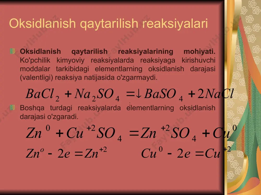g0 pb0 – 2e-  pb2 (qaytaruvchi, o'zi oksidlanadi) 2ag-  2e-  2ag0 (oksidlovchi, o'zi qaytariladi) demak, oksidlanish - qaytarilish reaksiyasi yagona jarayondir. oksidlanish vaqtida qaytarilish sodir bo'ladi, aksincha qaytarilish vaqtida oksidlanish jarayoni ham boradi. oksidlanish qaytarilish reaksiyalarining turlari. oksidlanish qaytarilish reaksiyalarining quyidagi turlari ma'lum. 1.molekulalararo (ionlararo) oksidlanish - qaytarilish reaksiyalari. 2.ichki molekulyar oksidlanish-qaytarilish reaksiyalari. 3.disproporsiyalanish reaksiyalari. molekulalararo oksidlanish - qaytarilish reaksiyalarida oksidlovchi element bir modda tarkibida qaytaruvchi element boshqa modda tarkibida bo'ladi. ni2o  c2o  ni0  c4 o2 ni2  2e-  ni0 (oksidlovchi, o'zi qaytariladi) c2 – 2e-  c4 (qaytaruvchi, o'zi oksidlanadi) ichki molekulyar oksidlanish - qaytarilish reaksiyalari bir molekula tarkibiga kiruvchi turli elementlarning oksidlanish darajasi o'zgaradi. 2kcl 5o3-2  2kcl –1  3o20 2 cl5  6e-  2cl-1 (oksidlovchi, o'zi qaytariladi) 2o-2 – 4e-  o20 (qaytaruvchi, o'zi oksidlanadi) oksidlovchilar va qaytaruvchilar. тarkibida qaytariluvchi element bo’lgan moddalar oksidlovchilar, oksidlanuvchi element saklovchi moddalar …
