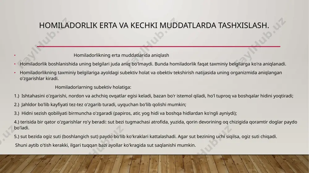 g o‘ng tomoniga o‘tiradi. homiladorlik muddatini hamda uning rivojlanishidagi nuqsonlarni (gipotrofiya, gidro va mikrotsefaliya va boshqalar) bilish mumkin. bundan tashqari, bu usul homila yo‘ldoshini, qog‘anoq suvining ko‘p va ozligini, ko‘p homilalik, ayniqsa homiladorlikning kechishini kuzatishga imkon beradi. ultratovush orqali tekshirish homilador uchun, homila uchun ham zararsizdir. rentgen orqali diagnoz qo‘yish hozirgi paytda kam qo‘llanadi. ammo bu usulda faqat ultratovush apparati bo‘lmasa va paypaslab, qin orqali tekshirib homila holati va undagi nuq-sonlarni aniqlab bo‘lmagandagina foydalaniladi. image2.jpg image1.jpg /docprops/thumbnail.jpeg
