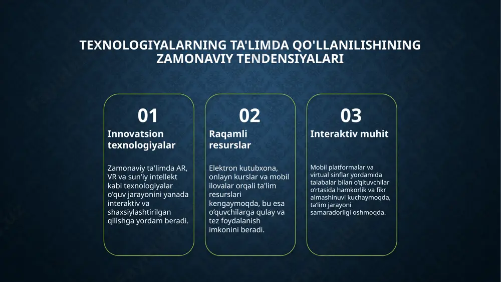 ashuv ta'lim jarayonini dinamik va interaktiv qiladi. texnologik integratsiya ta'limda texnologiyalarni to‘liq integratsiya qilish, o‘qituvchilar va talabalar o‘rtasida hamkorlikni kuchaytiradi. bu, shuningdek, ta'lim sifatini oshirishda muhim rol o‘ynaydi. individual yondashuv pedagogik innovatsiyalar yordamida har bir o‘quvchining ehtiyojlariga moslashtirilgan ta'lim muhitini yaratish mumkin. bu esa motivatsiya va o‘quv natijalarini yaxshilaydi. kreativlik va mustaqillik zamonaviy texnologiyalar yordamida o‘quvchilarda kreativlik va mustaqil fikrlashni rivojlantirish mumkin. bu, shuningdek, kelajakdagi muammolarni hal qilishda muhim ko‘nikmalarni shakllantiradi. ta'lim tizimida texnologiyalashgan yondashuvlarning afzalliklari va muammolari 1 innovatsion imkoniyatlar - texnologiyalar ta'lim jarayonida yangi imkoniyatlar ochadi, shaxsiylashtirilgan o‘quv dasturlarini yaratish va o‘quvchilarning qobiliyatlarini rivojlantirishga yordam beradi. 2 ijobiy tomonlari - texnologiyalashgan yondashuvlar ta’lim sifatini oshiradi, interaktivlikni ta’minlaydi, masofadan ta’lim imkoniyatlarini kengaytiradi va o‘quv jarayonini qiziqarli qiladi. 3 muammolari - resurslar va texnologik infratuzilma yetishmasligi, pedagoglarning malakasi va xavfsizlik muammolari texnologiyalashgan ta'limda muhim muhokama zaruriyatini keltirib chiqaradi. 4 ijtimoiy muvofiqlik - texnologiyalar ba'zan o‘qituvchilar va talaba o‘rtasidagi interaktivlikni cheklab …