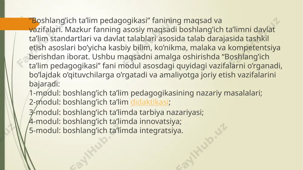 normativ-huquqiy hujjatlar” fanlari bilan uzviy bog’liq. shuningdek, ushbu fan “psixologiya”, “antropologiya” va “fiziologiya” fanlari bilan uzviy bog’liq bo’lib, ularning metodologik va nazariy asoslaridan foydalanadi o’zbekiston respublikasi ta’lim to’grisidagi qonunning yangi tahriri 2020 yil 23 sentabrda qabul qilingan .11 bob 75 moddadan iborat.unga ko’ra ta’lim tizim turlari quyidagilar 1.maktabgacha ta’lim tarbiya 2.umumiy o’rta va o’rta maxsus ta’lim 3.professional ta’lim 4.oliy ta’lim 5.oliy ta’limdan keying ta’lim 6.kadrlarni qayta tayyorlash va malakasini oshirish 7.maktabdan tashqari ta’lim kadrlar tayyorlash milliy modelining tarkibiy qismlari quyidagilar: shaxs kadrlar tayyorash tizimining bosh sub’ekti va ob’ekti, ta’lim sohasidagi xizmatlarining iste’molchisi va ularni amalga oshiruvchidir. davlat va jamiyat - milliy modelning ikkinchi tarkibiy qismi hisoblanib - u ta’lim va kadrlar tayyorash tizimining faoliyatini tartibga solish va nazorat qilishni amalga oshiruvchi kadrlar tayyorlash va ularni qabul qilib olishning kafillaridir. uzluksiz ta’lim. uzluksiz ta’lim malakaviy raqobatbardosh kadrlar tayyorlashning asosi bo’lib, ta’limning barcha turlarini, davlat ta’lim standartlarini, kadrlar tayyorlash tizimi tuzilmasi va …