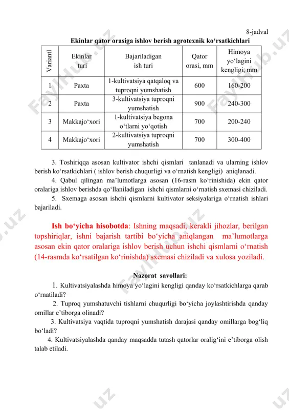 1800-2400 1800-2400 1800-2400 1800-2400 1800-2400 1900 4 agrotexnika masofasi, mm 540 650 465 465 825 830 830 5 old shina rusumi 9,00-15 9,00-16 9-20 13.6-20 9,00-15 9,00-16 12-16 6 old shina kengligi, mm 228 228 228 345 228 228 304 7 orqa shinalar rusumi 9,5-42 13,6r-38 15.5r-38 9,5-42 13,6r-38 15.5r-38 15.5r-38 15.5r-38 9,5-42 13,6r-38 15.5r-38 9,5-42 13,6r-38 15.5r-38 18.4/l30 8 orqa shinalar kengligi, mm 241 345 394 241 345 394 394 394 241 345 394 241 345 394 467 9 orqa shina tuproqilgichini balandligi, mm 25 25 25 25 25 25 25 2- ilova tavsiya etilgan agrotexnika tezliklari chegarasi (vi.ch) va agregatlarning smena vaqtidan foydalanish koeffitsientlari () t/r ish turi harakat tezligi (vaat), km/soat smena vaqtidan foydalanish koeffitsienti () dalaning uzunligi, m 150 500 1000 1 2 3 4 5 6 1 oddiy 3-4 korpusli pluglar bilan yer haydash 7-8 0.64 0.80 0.86 2 tezkor 5-6 korpusli pluglar bilan yer …