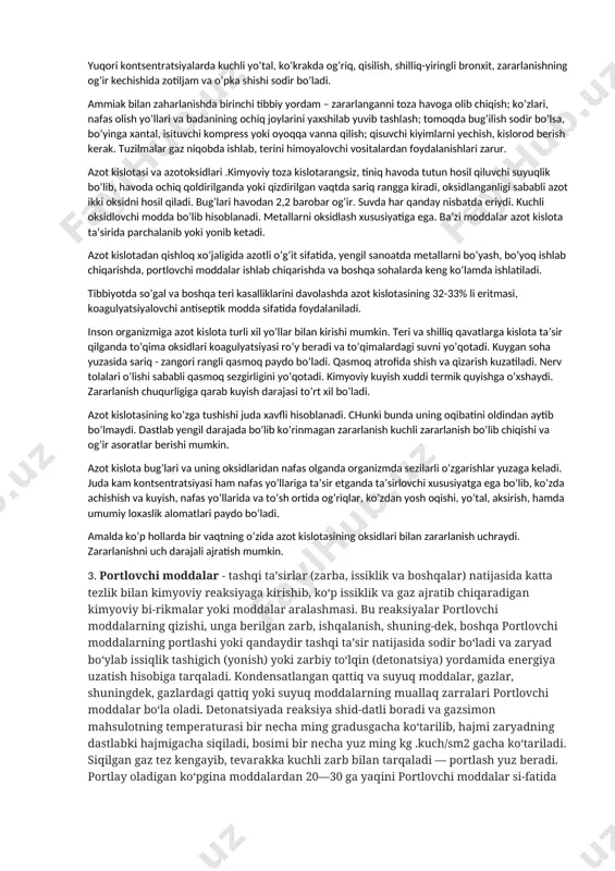 adi. havodan 2,5 marotoba og’irligi sababli past joylarda, yerto’lalarda va tonellarda yig’iladi. parchalanib uchganda oq bulut hosil qiladi va yer yuzasi bo’ylab tarqaladi. kichik va o’rta kontsentratsiyali xlordan ko’zda qattiq achishish, sanchish, yorug’likdan qo’rqish, bosh og’rishi va ko’z yoshlanishi, to’sh orqasida timdalovchi og’riq, ko’krakda qisilish, quruq azob beruvchi yo’tal, sulak oqish va boshqa alomatlar sodir bo’ladi. yukori kontsentratsiyada qisqa vaqtda o’pka shishi ro’y beradi, xuddi bo’g’uvchi zaharlovchi moddaga o’xshash. juda yuqori kontsentratsiyali bug ta’sirida, tez orada zaharlangan atrofdagi vaziyatni anglamay qoladi, keyinchalik hushidan ketadi va nafas olish to’xtaydi, sababi xlor bug’i ta’sirida o’pkaning kuyishi ro’y beradi.zararlanganga birinchi tibbiy yordam ko’rsatish uchun zararlanganga gaz niqobni kiydirib zonadan zudlik bilan olib chiqiladi. o’choqqa jalb etiladigan tuzilmalar gaz niqobda ishlashlari kerak. ammiak – rangsiz gaz, kuchli ta’sirlantiruvchi xossaga ega, havodan yengil, suvda yaxshi eriydi, atmosferaga chiqqanda tutunga o’xshaydi. uning zarralari havo bilan kirishib portlash xususiyatiga ega bo’lgan qorishma hosil kiladi. ammiak muzlatish sanoatida, …