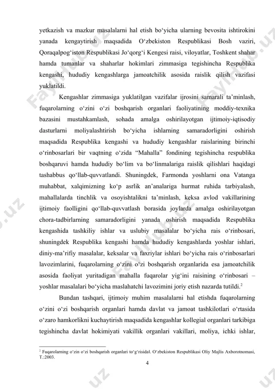 dida mahalla fuqarolar yig‘ini kengashi tarkibiga fuqarolar yig‘ini raisining o‘rinbosarlarini (fuqarolar yig‘ini raisining keksalar va faxriylar ishlari hamda yoshlar masalalari bo‘yicha maslahatchilarini), hududdagi profilaktika inspektorlarini, ta’lim muassasalari va qishloq vrachlik punktlari (oilaviy poliklinikalar) rahbarlarini kiritish va ularning o‘z faoliyati yuzasidan yilning har choragida fuqarolar yig‘ini (fuqarolar vakillarining yig‘ilishi)ga hisobot taqdim qilishlari amaliyotini joriy etish belgilab qo‘yildi. qayd etilgan asosiy vazifalar va yangi normalarni hayotga tatbiq etish uchun farmon bilan kengashlar faoliyatini yanada takomillashtirish hamda fuqarolarning o‘zini o‘zi boshqarish organlarini qo‘llab-quvvatlash borasida 37 ta aniq tadbirlarni amalga oshirishni nazarda tutadigan kompleks chora-tadbirlar dasturi tasdiqlandi. farmonni ijro etish doirasida “fuqarolarning o‘zini o‘zi boshqarish organlari to‘g‘risida”gi, “fuqarolar yig‘ini raisi (oqsoqoli) va uning maslahatchilari saylovi to‘g‘risida”gi o‘zbekiston respublikasining qonunlari va bir qator boshqa qonun hujjatlariga zarur o‘zgartish va qo‘shimchalar kiritiladi. bundan tashqari, mahalla fuqarolar yig‘inlarining mahalliy ahamiyatga molik masalalarni hal etish bo‘yicha mustaqilligini ta’minlash, o‘zini o‘zi boshqarish tizimida ortiqcha bo‘g‘inlardan voz kechish maqsadida tarkibida …