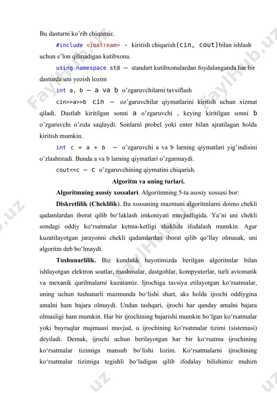 anfiy son bor. 9. a soni berilgan, bu son tub sonligini aniqlovchi algaritm tuzing. 10. markazi (x,y) nuqtada bo’lgan aylana berilgan, aylana markazi koordinatalar o’qining qaysi choragida joylashgan 11. 12. 13. 14. 15. 3-takrorlanuvchi algaritmlar 1. 2. 3. 4. 5. 6. 7. 8. 9. 10. 11. 12. 13. 14. 15. , x1, x2 boshlash kiritish: a,b,c d=b2-4ac � ildizi yo’q tamom d≥0 ha yo’q boshlash kiritiladigan qiymatlar 1-amal tamom 2-amal . . . n-amal b amal p shart shart ha yo’q a amal x ≥ 0 ha yo’q y boshlash kiritish: x � tamom � shart shart ha yo’q amal boshlash kiritish: n s tamom i ≤ n ha yo’q s=0 i=0 s=s+i i=i+1 ha yo’q boshlash kiritish: n s = 0 i = 0 s tamom s = s + i i = i + 1 i ≤ n parametr sikl tanasi _1660405801.unknown _1660405802.unknown _1660405803.unknown _1660405804.unknown _1660405805.unknown _1660405806.unknown _1660405807.unknown …