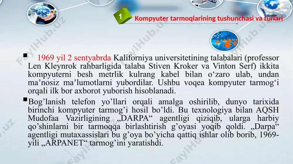 va uning turlari apparat qurilmalari va tarmoq dastur taʼminoti orqali o‘zaro bir-birlari bilan hamohang ishlay oladigan kompyuterlar majmuiga tarmoq deyiladi. tarmoqlarni turli meʼyorlarga ko‘ra sinflarga ajratish mumkin. bular: 1) o‘tkazish qobiliyati, yaʼni maʼlumotlarni tarmoqqa uzatish tezligiga muvofiq: - past (100 kbit/s gacha); - o‘rta (0,5-10 mbit/s gacha); - yuqori(10 mbit/s dan ortiq). kompyuter tarmoqlarining tushunchasi va turlari axborot muhitida tezlik tushunchasi, birliklari va axborot kanallari sig‘imi maʼlum vaqt oralig‘ida aloqa muhitlari orqali uzatiladigan axborot hajmi - uning uzatilish tezligini belgilaydi. axborot kanallarining sig‘imi ular orqali maʼlum vaqt oralig‘ida uzatiladigan axborot hajmi bilan belgilanadi. bu o‘z navbatida axborot kanallarining o‘tkazish qobiliyatini anglatadi. axborotni uzatish tezligi birliklari: ¨bit/sekund – bir soniyada aloqa muhiti orqali uzatiladigan bitlar soni; ¨kbit/sekund – bir soniyada aloqa muhiti orqali uzatiladigan minglab yaxlitlangan bitlar soni; ¨mbit/sekund – bir soniyada aloqa muhiti orqali uzatiladigan millionlab yaxlitlangan bitlar soni; ¨gbit/sekund – bir soniyada aloqa muhiti orqali uzatiladigan milliardlab yaxlitlangan bitlar …