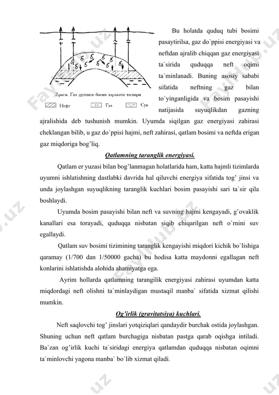 a yoki ulush birligida o`lchanadi. konlarning neft beraolshilik koeffitsienti ulardagi mavjud usulga bog’liq. chunonchi, suv bosimi usulida neft beraolishlik koeffitsienti 0,6 - 0,8 ga yaqinlashadi, ya`ni qatlamdagi bor mahsulotning 60-80 foizini er yuzasiga olib chiqish mumkin. gaz bosimi ta`siridagi usulda neft beraolishlik koeffitsienti 0,5 - 0,7 ga borishi mumkin. qolgan uch usul uchun neft beraolishlik koeffitsienti 0,15-0,3 dan oshmaydi. demak, konnnig mahsuldorligini oshirishning asosiy omillaridan biri uning neft beraolishlik qobiliyatini oshirish yo`llarini takomillashtirishdan iborat. yuqorida ko`rib o`tilgan tabiiy usullar sof holda kamdan-kam uchraydi. ular odatda aralash usul tarzida (masalan chekka suv bosimi va erigan gaz usuli, chekka suv bosimi va taranglik usullari va x.k.) uchraydi. konlarni ishlatish jarayonida bu usullar bir turdan ikkinchi turga o`tishi mumkin. kon mahsuldorligini oshirish maqsadida ba`zan samarasiz tabiiy usuldan samarali sun`iy usulga o`tiladi. chunonchi, tegishli shart-sharoitlar mavjud bo`lgan hollarda erigan gaz usulidan sun`iy ravishda gaz bosimi ta`siridagi usulga o`tishi mumkin. buning uchun ma`lum quduqlar orqali …