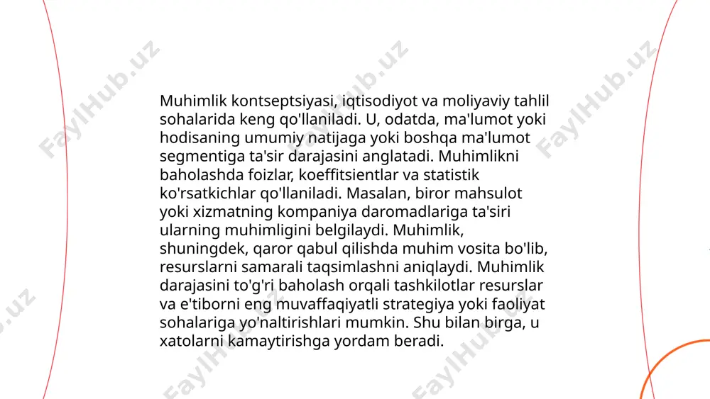rga asoslanadi. u adabiy matnlar, intervyular yoki ijtimoiy izlanishlar orqali amalga oshiriladi. kvantitativ tahlil sonli ko'rsatkichlar bilan muhimlikni aniqlashga yordam bersa, sifat tahlili chuqur tahlil va kontekstual ma'lumotlarni aniqlashga xizmat qiladi. har ikki metod o'zaro muvofiqlikda qo'llanilganda samarali natijalar bera oladi." ... t.me/slaydai_bot hisob-kitoblar muhimligida hatoliklar va tuzatishlar mavzusida aniq va ishonchli ma'lumot taqdim etish biznes va moliya sohalarida juda muhimdir. 5% dan 10% gacha hatoliklar korxona foydasiga sezilarli ta'sir ko'rsatishi mumkin. to'g'ri hisob-kitoblar kompaniyaning moliyaviy holatini 70% yaxshilaydi. tuzatishlar uchun muhim qadam, hisobotlarni muntazam ravishda tekshirish va 100% aniqlik bilan xato joylarini tuzatishdir. yillik audit hisobotlari 20% ga xatoliklarni kamaytirishga yordam beradi, bu esa ishonchlilikni oshiradi. har oyda hisob qaydlarini yangilab borish bilan mumkin bo'lgan xatolar sonini 50% ga qisqartirish mumkin. hisob-kitoblar texnologiyasi va sun'iy intellekt yordamida 30% aniqroq natijalarga olib keladi. ... t.me/slaydai_bot 10. muhimlik darajasiga ta’sir qiluvchi omillar muhimlik darajasiga ta’sir qiluvchi omillar bir nechta bo'lishi mumkin. …