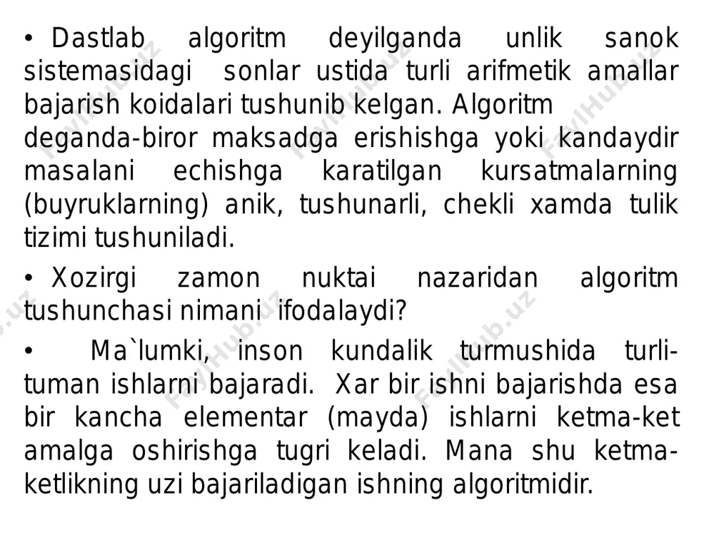 ga kura algoritm anik va tugallangan kadamlarga bulingan bulishi kerak. • aniklilik xossasi. algoritm shunday tuzilgan bulishi kerakki, xar bir buyrugi bajarilgandan keyin kaysi buyrugi bajarilishi anik kursatilishi lozim. • tushunarlilik xossasi. xar bir algoritm yoshi yoki kobiliyatiga karab ma`lum ijrochiga muljallangan buladi. • natijaviylik xossasi. ijrochi algoritmning chekli sondagi buyruklarini bajargandan sung, natijaga erishishi kerak. • ommaviylik xossasi. bu xossaga kura tuzilgan bitta algoritm vositalariga fakat bita emas, balki bir xil turli masalalarni xal kila bilish mumkin bulishi kerak. • umuman olganda, xar bir algoritm ma`lum soxa buyicha tushunarli, anik va tugallangan kadamlarga bulingan bulishi, xar bir buyrugi bajarilgandan keyin kaysi buyruk bajarilishi anik kursatilishi lozim. algoritmning chekli sondagi buyruklarini ijro etgach, natijaga erishishi xamda tuzilgan bita algoritm vositasida fakat bita emas, balki bir xil turdagi barcha masalalarni xal kila bilish mumkin bulishi kerak. matematika masalalarini xisoblashda algoritmni blok- sxema kurinishida tasvirlash uni tushunish uchun kulaylik tugdiradi. blok-sxema kursatkichlar …