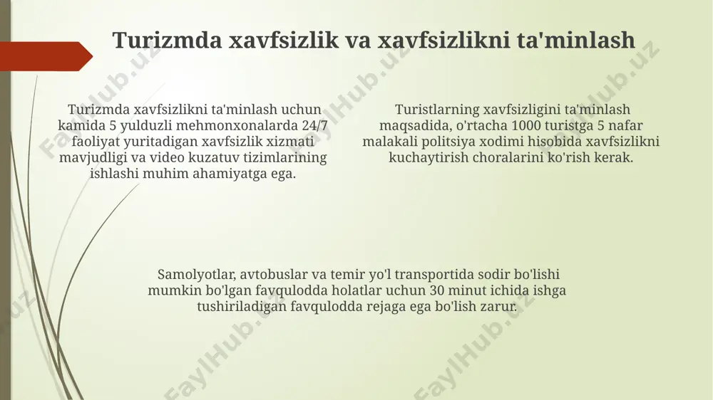 ar qo‘llanilib, 3 yulduzli, 4 yulduzli va 5 yulduzli mehmonxonalarni sertifikatlash tizimi mavjud. “xavfsiz turizm” sertifikatlari, covid-19 pandemiyasi davrida sog‘liqni saqlash protokollari va gigiena standartlariga rioya qilishni tasdiqlovchi 100 dan ortiq mezonni o‘z ichiga oladi. turizmni rivojlantirish strategiyasi va rejalari туризмни ривожлантириш бўйича 2025 йилгача бўлган давлат дастури, 5 та асосий йўналишни ўз ичига олади, хусусан, инфратузилмани яхшилаш ва маркетингни кучайтиришни назарда тутади. ўзбекистон республикасида туризм соҳасини ривожлантириш концепцияси, 2030 йилгача бўлган давр учун, йилига 15 млн. туристни жалб этишни мақсад қилиб қўйган. туризм соҳасидаги инвестицияларни жалб этишга қаратилган ҳукумат дастурлари, 2023 йил якунига кўра, 1 млрд. ақш долларидан ортиқ инвестицияларни жалб этишни режалаштирмоқда. turizmni tartibga solishning huquqiy asoslari turizm sohasidagi faoliyatni litsenziyalash va ruxsatnomalar berish tartibi, qonun hujjatlarida belgilangan 30 dan ortiq mezonlarga asoslanadi. turizm korxonalarining soliqqa tortish tartibi, 2023-yilgi soliq kodeksining 15-bobida batafsil bayon etilgan bo'lib, turli soliq stavkalari va imtiyozlarini o'z ichiga oladi. "turizm to'g'risida"gi qonun, turizm …
