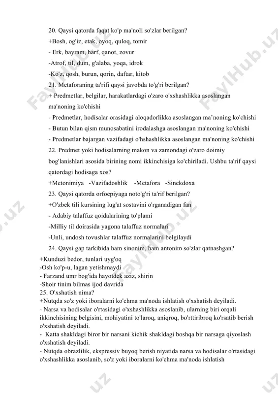 a hayotdek aziz, shirin -shoir tinim bilmas ijod davrida 25. o'xshatish nima? +nutqda so'z yoki iboralarni ko'chma ma'noda ishlatish o'xshatish deyiladi. - narsa va hodisalar o'rtasidagi o'xshashlikka asoslanib, ularning biri orqali ikkinchisining belgisini, mohiyatini to'laroq, aniqroq, bo'rttiribroq ko'rsatib berish o'xshatish deyiladi. - katta shakldagi biror bir narsani kichik shakldagi boshqa bir narsaga qiyoslash o'xshatish deyiladi. - nutqda obrazlilik, ekspressiv buyoq berish niyatida narsa va hodisalar o'rtasidagi o'xshashlikka asoslanib, so'z yoki iboralarni ko'chma ma'noda ishlatish metaforadir. 26. kishilaming kundalik norasmiy, erkin muomalalari doirasida til birliklarini o'ziga xos amal qiluvchi qanday uslub sanaladi? +so'zlashuv -rasmiy ilmiy publitsistik 27. qonun matnlari, farmonlar, buyruqlar, ariza... kabi hujjatlar qaysi uslubda yoziladi? + rasmiy uslub -badiiy uslubda - so'zlashuv uslubda - ilmiy uslubda 28. nutqning asosiy xususiyatlari qaysi javobda to'g'ri berilgan? + hammasi to'g'ri -nutqning to'g'riligi -nutqning aniqligi nutqning tozaligi 29. "stil" so'zining ma'nosini belgilang +uslub -joziba -yozish uchun ishlatiladigan uchi o'tkirlashtirilgan tayoqchani bildiradi -nutq 30. …