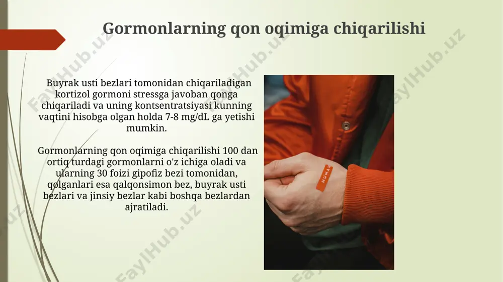 id gormonlar (masalan, insulin) va amin kislota hosilalari (masalan, adrenalin) kabi guruhlarga bo'linadi. sog'lom gormonlar darajasini saqlash sog'lom gormonlar darajasini saqlash uchun kuniga kamida 7-8 soat uxlash, stressni kamaytirish va muntazam ravishda 30 daqiqadan kam bo'lmagan jismoniy mashqlar bilan shug'ullanish muhimdir. qalqonsimon bez faoliyatini nazorat qilish uchun qon tahlillarini muntazam, taxminan har 6 oyda bir marta topshirish, ayniqsa 35 yoshdan oshgan ayollar uchun muhimdir, bu esa toshkentdagi endokrinologlar tomonidan tavsiya etiladi. e'tiboringiz uchun rahmat @taqdimot_robot image1.jpg image2.jpg image3.jpg image4.jpg image5.jpg image6.jpg image7.jpg image8.jpg image9.jpg