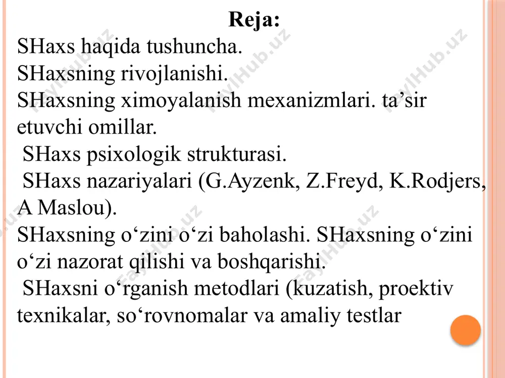 mumkin. ya’ni hali shakllanmagan shaxs psixologiyada individ nomi bilan yuritiladi.“individ” tushunchasida kishining nasl-nasabi ham mujassamlashgandir. “shaxs” va “individ” tushunchalarining bir-biriga o‘xshashligini barcha etakchi psixologlar b.g.ananev, a.n.leontev, b.f.lomov, s.l.rubinshteyn va boshqalar inkor etishadi. “individ” va “shaxs” tushunchalarining o‘xshashligi emas, balki birligi haqidagi fikr quyidagicha tarzda o‘rtaga qo‘yilishi mumkin bo‘lgan savolga javob berilishini takqozo qiladi: shaxs bo‘lib hisoblanmagan individning mavjud bo‘lishi yoki aksincha individning konkret sohibi sifatida undan tashqarida va usiz mavjud bo‘lish fakti ko‘rsatilishi mumkinmi? individuallik – kishining o‘ziga xosligini, uning boshqa odamlardan farqini aks ettiruvchi psixologik fazilatlar birikmasidir. shaxsning tuzilishi. birinchi navbatda, shaxsning individualligini ko‘rsatadigan va faqat ehtirosda, ichki qiyofada, qobiliyatlarda va hokazolarda ancha keng ifodalanadigan fazilatlari va umumiy tuzilishinigina emas, balki shaxsning rivojlanish darajasi har xil bo‘lgan guruhlarda, ana shu guruh uchun etakchi hisoblangan faoliyat orqali ifodalanadigan individlararo munosabatlarda o‘zini namoyon etishini ham qo‘shish shart. эътиборингиз учун рахмат! image2.png image3.gif image4.png image5.png image6.png image7.png image8.png /docprops/thumbnail.jpeg