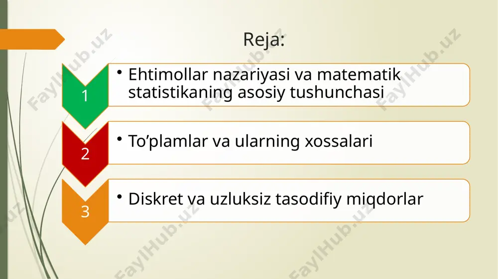 am deb tanlanma ajratilgan ob’yektlar to’plamiga aytiladi to’plam birligi to’plam birligi - kuzatish talab etiladigan element. belgi – to’plam birligining belgilar turlari: sonli; son bilan ifodalab bo’lmaydigan. variatsiya - belgining o’zgarishidir. variant – o’zgaruvchi belgining konkret ifodasi. variantlar lotin harflarida belgilanadi. masalan: o’zgaruvchi belgining miqdorlari majmuasi variatsion qator deb ataladi. agar variantlarni ko’payish yoki kamayish bo’yicha joylashtirsak, tartibli variatsion qatorni tuzamiz. diskret va uzluksiz tasodifiy miqdorlar tasodifiy miqdor x deb, avvaldan noma’lum bo’lgan va oldindan inobatga olib bo’lmaydigan tasodifiy sabablarga bog’liq bo’lgan hamda sinash natijasida bitta mumkin bo’lgan qiymat qabul qiluvchi miqdorga aytiladi. diskret (uzlukli) tasodifiy miqdor deb, ayrim, ajralgan qiymatlarni ma‟lum ehtimollar bilan qabul qiluvchi miqdorga aytiladi. diskret tasodifiy miqdorning mumkin bo’lgan qiymatlari soni chekli yoki cheksiz bo’lishi mumkin. 20 ta talabalar ichida o’g’il bolalar soni 0,1,2,.........20 qiymatlarni qabul qilish mumkin bo’lgan tasodifiy miqdordir. uzluksiz tasodifiy miqdor deb chekli yoki cheksiz oraliqdagi barcha qiymatlarini qabul qilishi mumkin bo’lgan miqdorga …