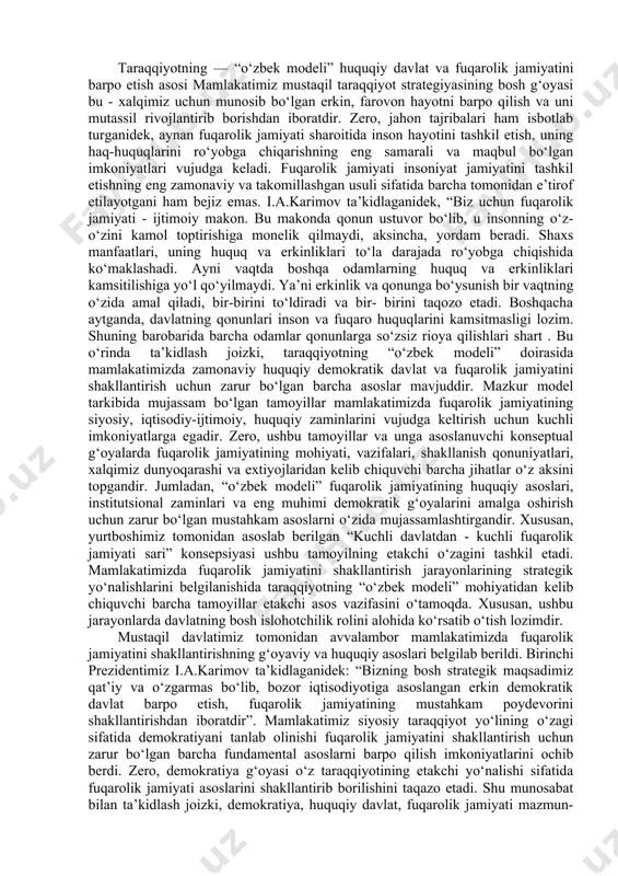 zmat qiladi va respublikaning jahon hamjamiyatiga qo‘shilishi uchun qulay sharoitlarni vujudga keltiradi. respublika qulay geostrategik mavqega ega. tarixan hozirgi o‘zbekistonning hududi shunday joy bo‘lganki, bu yerda juda ko‘hna savdo yo‘llari (mashhur buyuk ipak yo‘li) tutashgan, jo‘shqin tashqi aloqalar va turli madaniyatlarning bir-birini o‘zaro boyitishi jarayoni kechgan. hozirgi kunda o‘zbekiston o‘zining mustaqil energetika va suv tizimlariga ega bo‘lgan sobiq sovet o‘rta osiyosining markazida turibdi, ko‘pgina masalalarda respublikalar o‘rtasidagi bog‘lovchi bo‘g‘in bo‘lib xizmat qilmoqda va xorijiy mamlakatlar bilan munosabatlarni rivojlantirishda tobora faol rol o‘ynamoqda. o‘zbekistonda islohotlarni amalga oshirish yo‘llari va yondashuvlarini tanlashga tabiiy-iqlim sharoitlarining o‘ziga xosligi belgilovchi ta’sir o‘tkazmoqda. respublika qishloq xo‘jaligi aksariyat sun’iy sug‘orishga va sug‘orma dehqonchilikka asoslanadi. o‘zining suv imkoniyatlari juda cheklangan. qishloq xo‘jalik ishlab chiqarishi, butun xalq xo‘jaligi tarkibida paxtachilik yetakchi o‘rin tutadi. o‘zbekiston mustaqil o‘rta osiyo respublikalari orasida g‘oyat katta eksport imkoniyatiga ega bo‘lgan juda muhim strategik xom ashyo - paxta va undan tayyorlangan mahsulotni yetishtiruvchi hamda yetkazib …