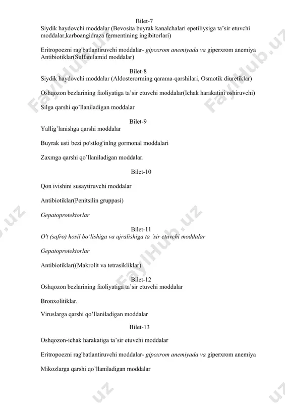 a qarshi qo’llaniladigan moddalar bilet-13 oshqozon-ichak harakatiga ta’sir etuvchi moddalar eritropoezni rag'batlantiruvchi moddalar- gipoxrom anemiyada va giperxrom anemiya mikozlarga qarshi qo’llaniladigan moddalar bilet-14 gemostatik moddalar balg'am ko'chiruvchi moddalar. protozoylarga qarshi qo’llaniladigan moddalar (trixomonozga qarshi qo’llaniladigan moddalar) bilet-15 gistaminga qarshi qo’llaniladigan moddalar buyrak usti bezi po'stlog'inlng gormonal moddalari protozoylarga qarshi qo’llaniladigan moddalar (bezgakga qarshi qo’llaniladigan moddalar)