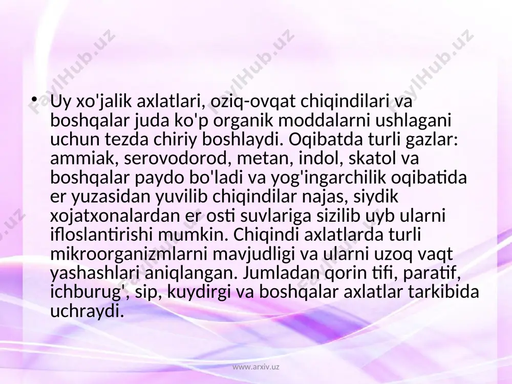 ni oshiradi. www.arxiv.uz www.arxiv.uz chiqindilarni zararsizlantirish va ulardan foydalanish. chiqindi axlatlarni issiqxonalarda zararsizlantirish. shahar chiqindi axlatlarini bemalol issiqxonalarda zararsiz holatga keltirilishi mumkin. axlatlar tosh, temir, latta, oyna siniqlaridan holi qilingach, issiqxonalarning tuprog'i ostida fevral. mart oylarida solinadi. axlatdagi bioximik jarayonlar ekzotermik /energiya ajralib chiqadi/ holda o'tgani uchun yuqori harorat issiqxonani isitadi, bu issiqlikdan foydlanib issiqxonaga har xil erta pishar ekinlar ekish mumkin. axlatlardan hosil bo'lgan chiqindi o'simlik uchun yaxshi ozuqa o'rnini bosadi. takomillashgan axlatxonalar. xammaga ma'lumki yig'ilgan axlatlar hamma vaqt ham qishloq xo'jaligiga ishlatilavermaydi. shuning uchun ham ortiqcha axlatlarni zararsiz holatga keltirish maqsadida takomillashtirilgan shahar chetida axlatxonalar, kamida 1 km masofada uyushtiriladi. keltirilgan axlatlar usti 50 sm qalinlikda tuproq yopiladi. keyinchalik bu axlatxonalar daraxtzorlarga aylanadi. www.arxiv.uz www.arxiv.uz keyingi vaqtlarda axlatlarni mexanizmlar yerda ishda qayta ishlash uchun zavodlar qurilmoqda, masalan, har yili 65000 tonna axlatni qayta ishlash zavodida sankt-peterburgda qurildi. zavod organik azot o'g'itlarni qishloq xo'jaligi ehtiyoji uchun ishlab chiqadi. sivilizasiyalashgan …