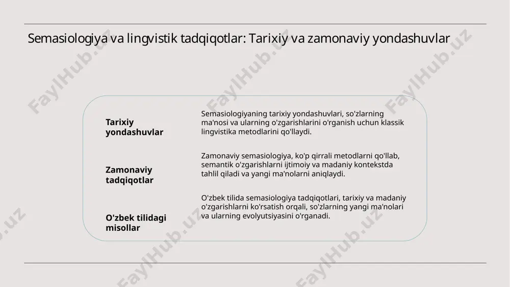 sa 1 semasiologiyaning ahamiyati - semasiologiya, ma'nolar va ularning o'zgarishlarini o'rganish orqali til va madaniyat o'rtasidagi aloqalarni ochib beradi. 2 madaniyat va ma'no - madaniyat o'zgarishlari, lug'atda yangi ma'nolar shakllanishiga sabab bo'ladi, bu esa tilning dinamik rivojlanishini ko'rsatadi. 3 o'zbek tilining rivoji - o'zbek tilidagi lug'at evolyutsiyasi, an'analar va zamonaviy tendentsiyalar orqali madaniy merosimizni saqlash va yangilash imkonini beradi. foydalanilgan adabiyotlar 1. o'. m. murodov. semasiologiya va semantik o'zgarishlar. toshkent, 2021. 2. d. s. xudoyberganov. lug'at evolyutsiyasi va madaniyat. o'zbekiston respublikasi fanlar akademiyasi, 2020. 3. sh. a. karimova. semasiologiya: nazariy va amaliy jihatlari. toshkent, 2019. 4. n. r. vohidov. semantik o'zgarishlar va ularning tilshunoslikdagi ahamiyati. o'zbekiston tilshunosligi jurnali, 2022. 5. r. m. abdurakhmonova. semasiologiyaning asosiy tushunchalari va ularning madaniy kontekstdagi roli. o'zbekiston milliy universiteti, 2023. e'tiboringiz uchun rahmat! /docprops/thumbnail.jpeg